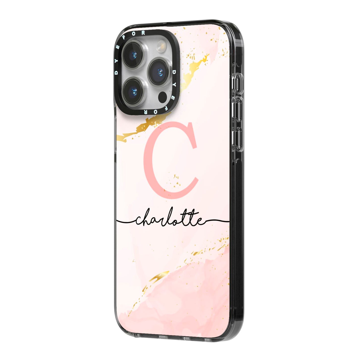Initial Pink Gold Watercolour Custom Marble iPhone 14 Pro Max Black Impact Case Side Angle on Silver phone