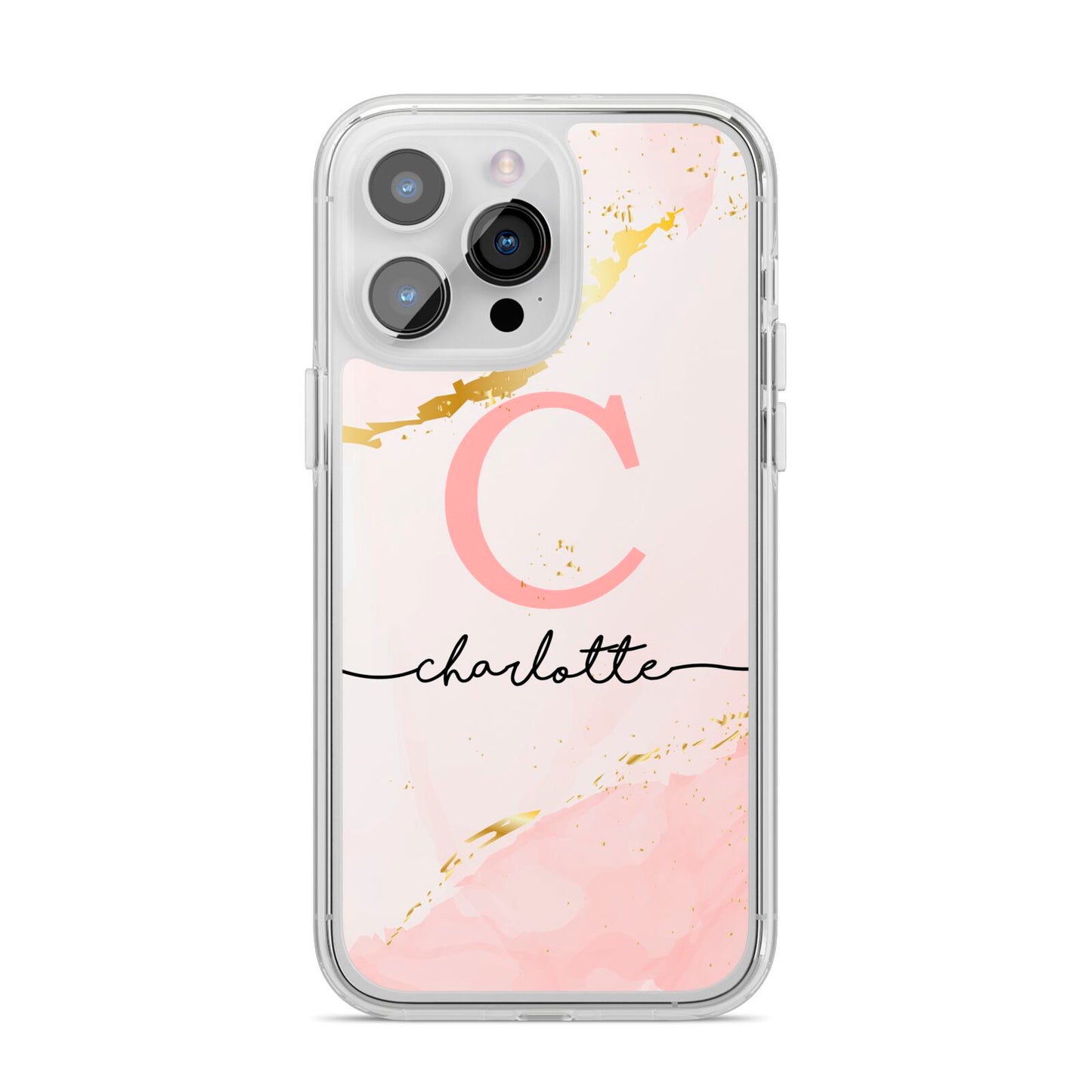 Initial Pink Gold Watercolour Custom Marble iPhone 14 Pro Max Clear Tough Case Silver