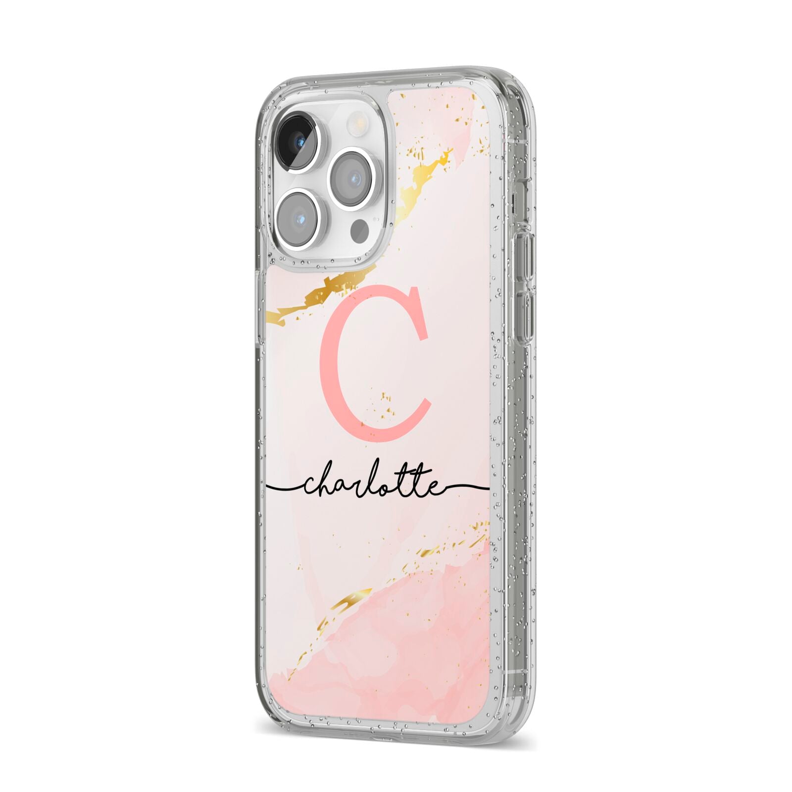 Initial Pink Gold Watercolour Custom Marble iPhone 14 Pro Max Glitter Tough Case Silver Angled Image