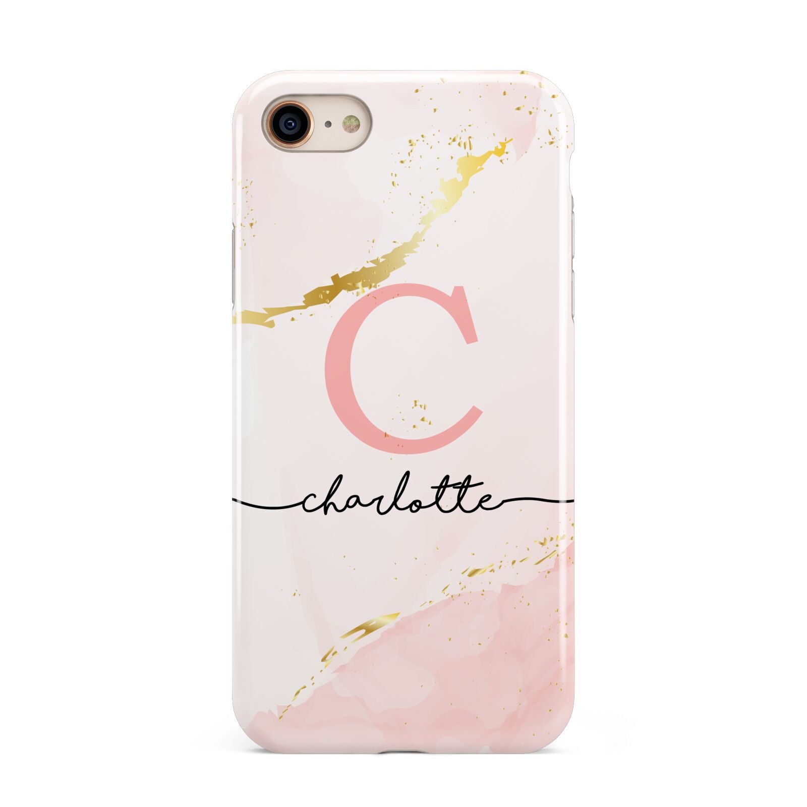 Initial Pink Gold Watercolour Custom Marble iPhone 8 3D Tough Case on Gold Phone