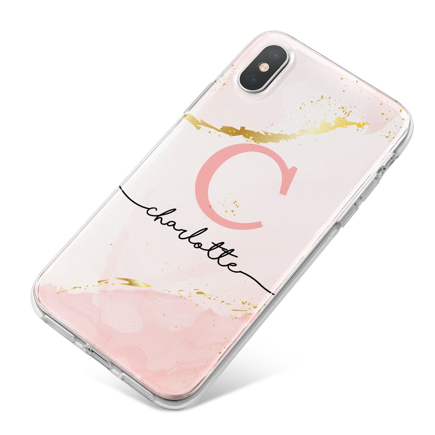 Initial Pink Gold Watercolour Custom Marble iPhone X Bumper Case on Silver iPhone