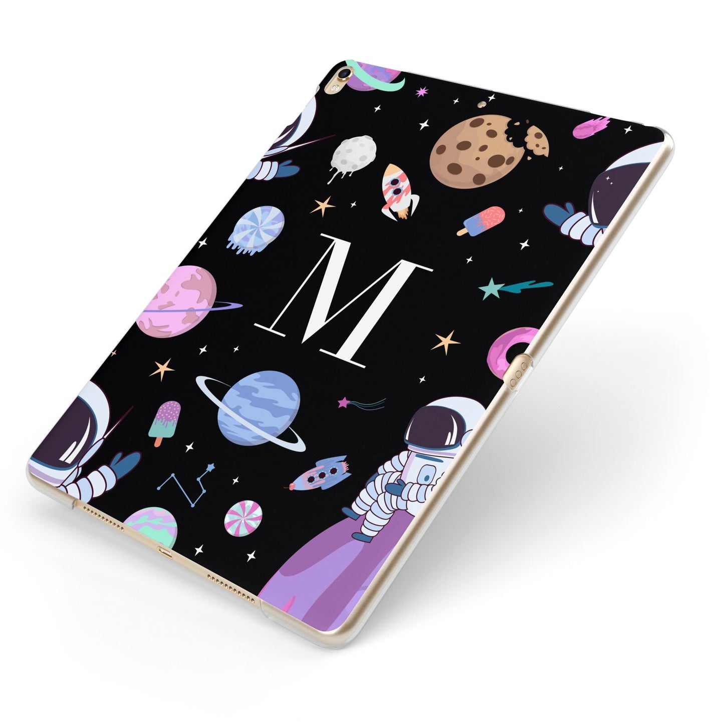 Initialled Candy Space Scene Apple iPad Case on Gold iPad Side View