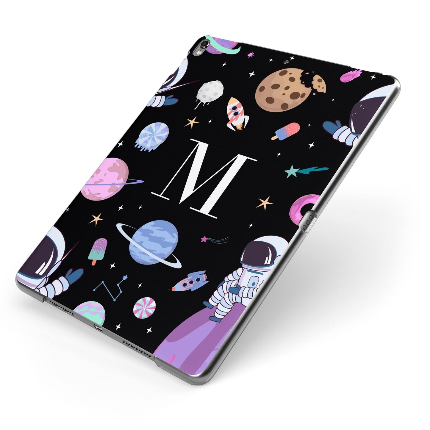 Initialled Candy Space Scene Apple iPad Case on Grey iPad Side View