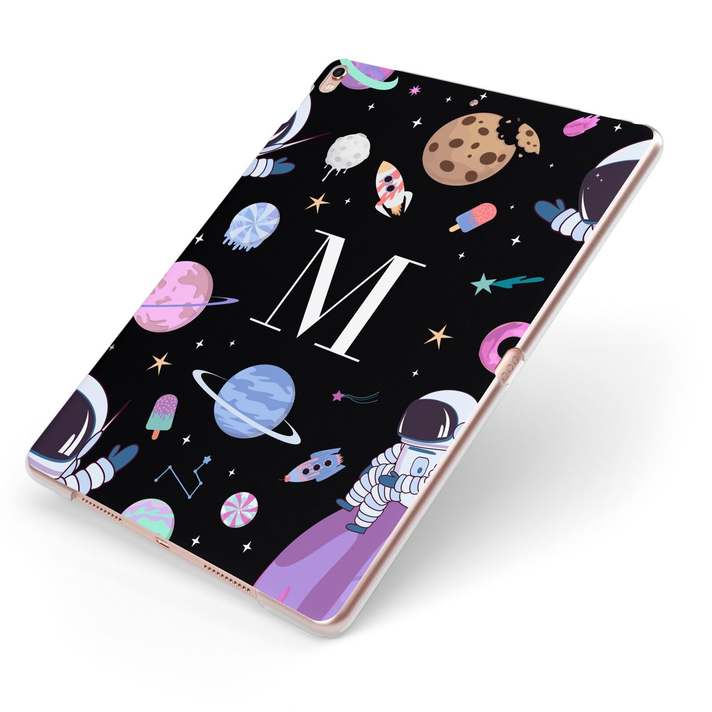 Initialled Candy Space Scene Apple iPad Case on Rose Gold iPad Side View