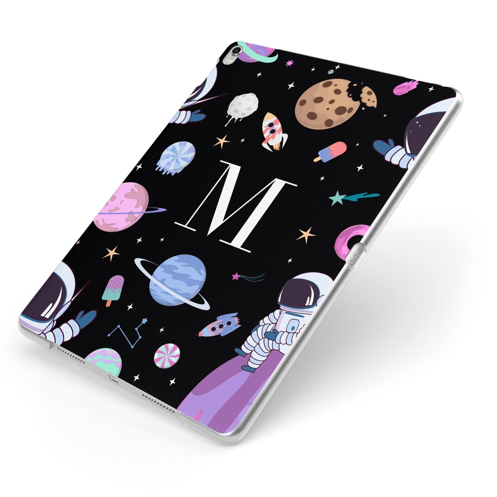 Initialled Candy Space Scene Apple iPad Case on Silver iPad Side View