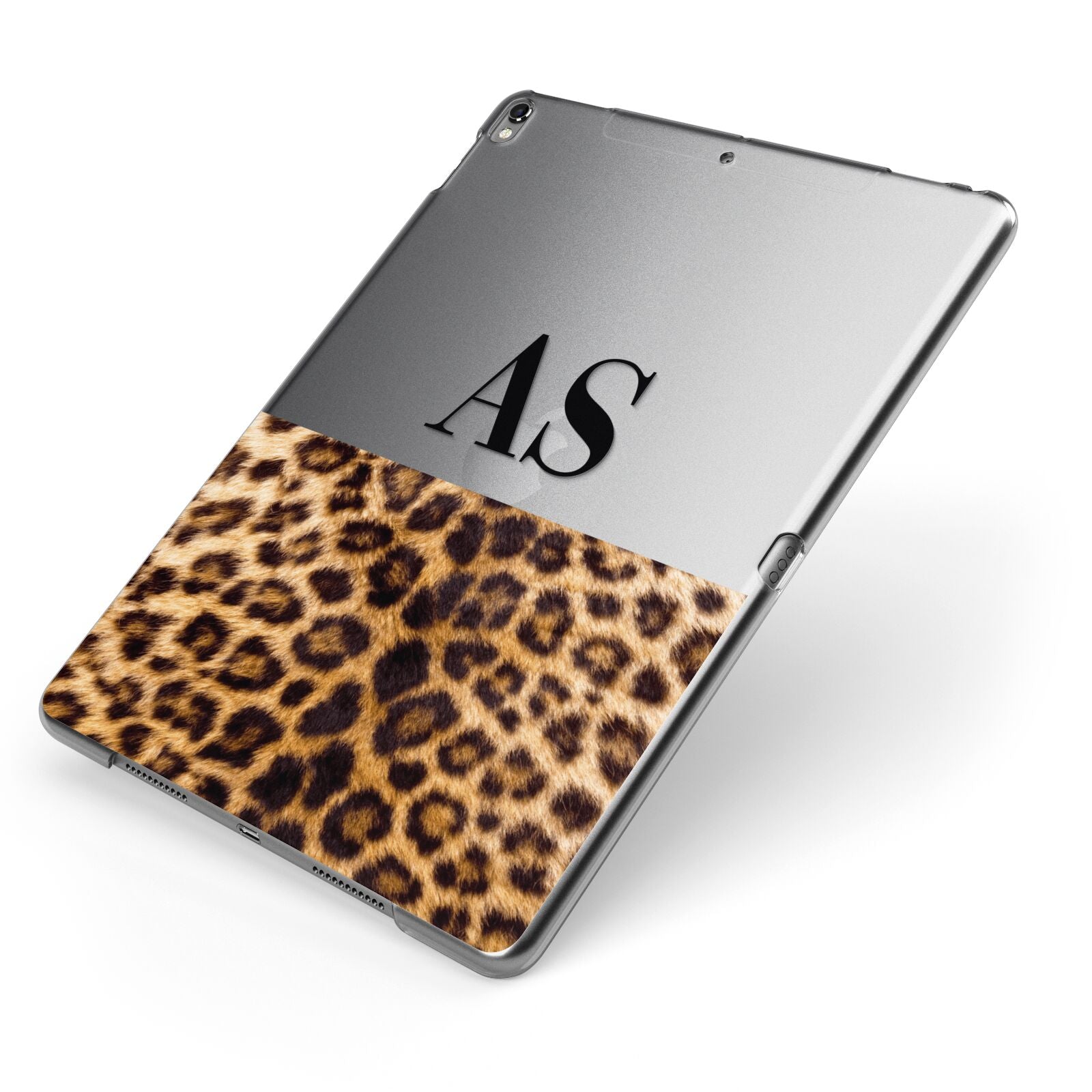 Initialled Leopard Print Apple iPad Case on Grey iPad Side View