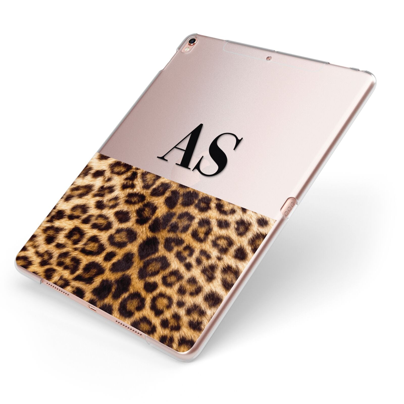 Initialled Leopard Print Apple iPad Case on Rose Gold iPad Side View