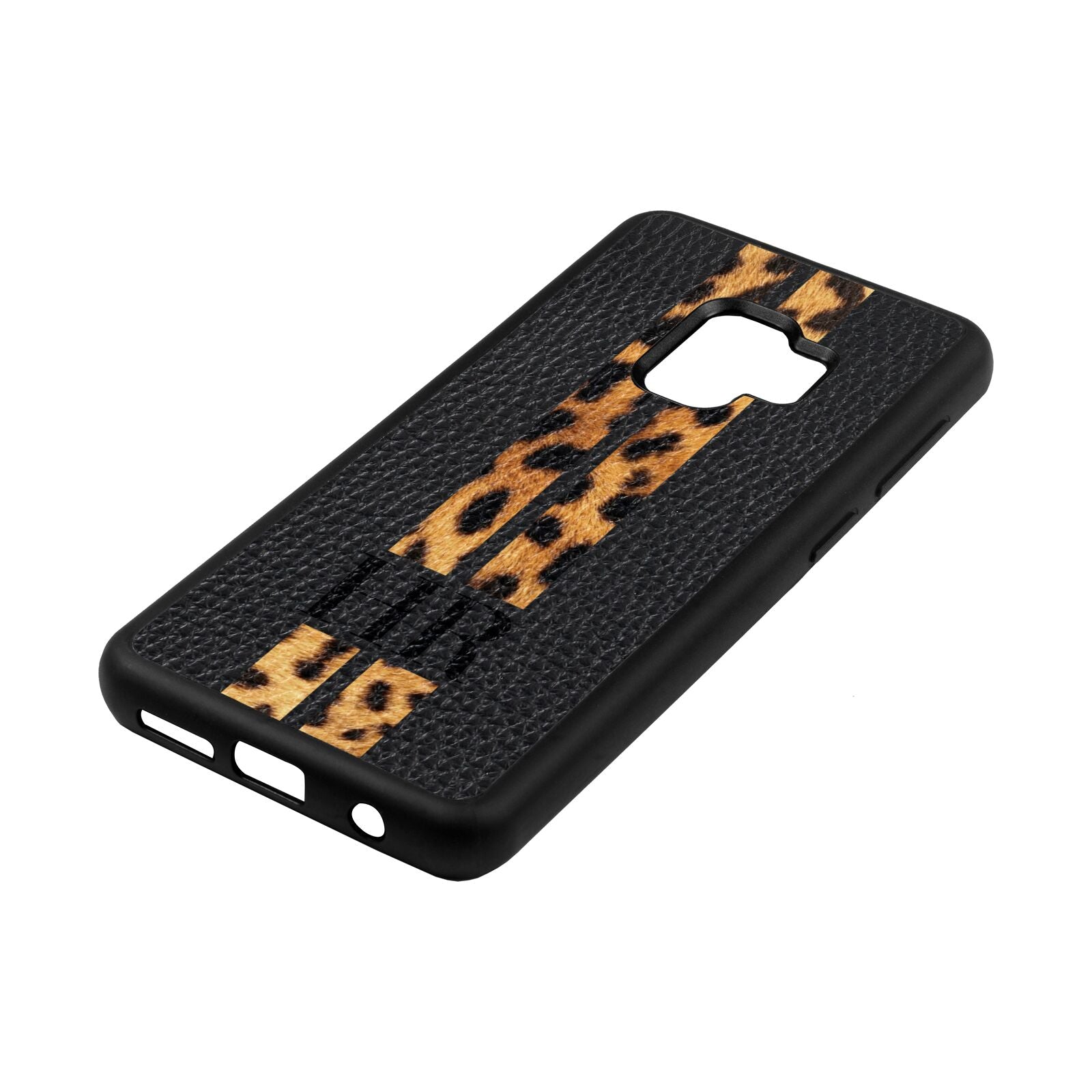 Initialled Leopard Print Stripes Black Pebble Leather Samsung S9 Case Side Angle