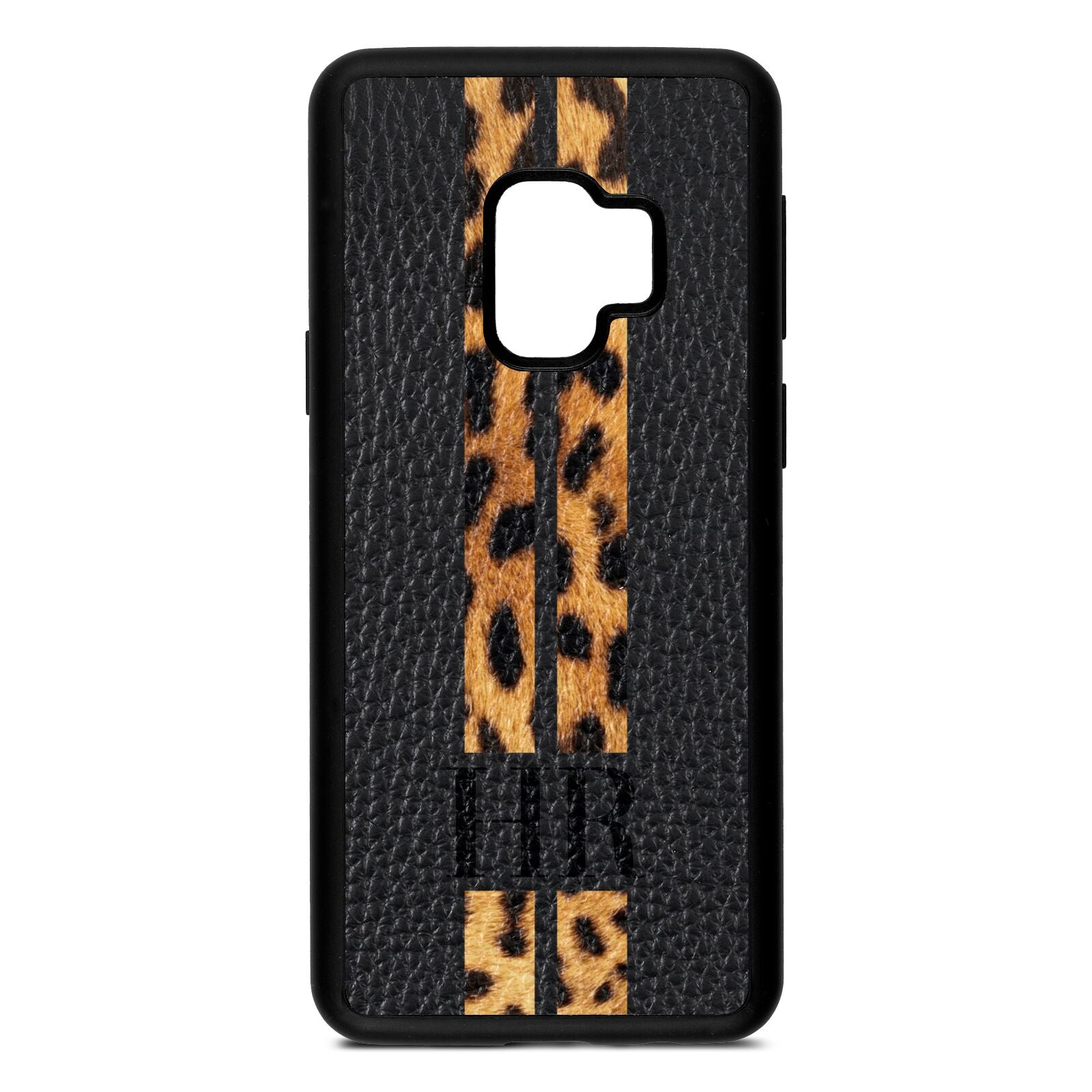 Initialled Leopard Print Stripes Black Pebble Leather Samsung S9 Case