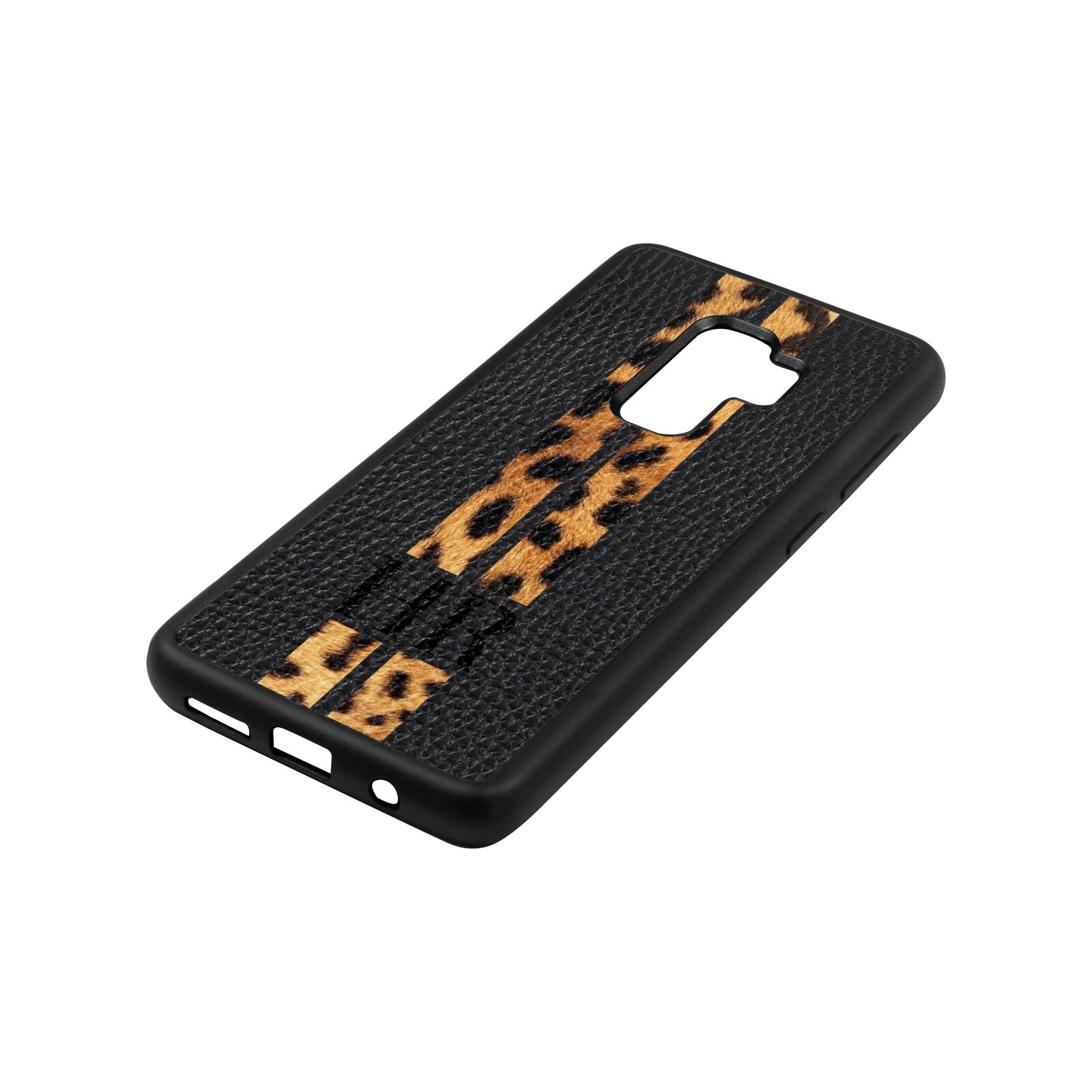 Initialled Leopard Print Stripes Black Pebble Leather Samsung S9 Plus Case Side Angle