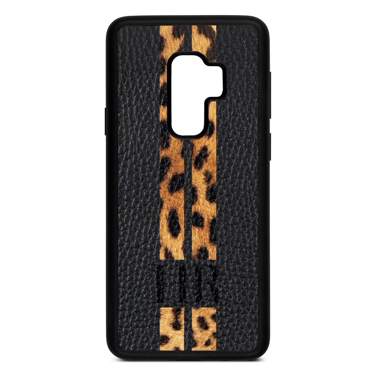 Initialled Leopard Print Stripes Black Pebble Leather Samsung S9 Plus Case