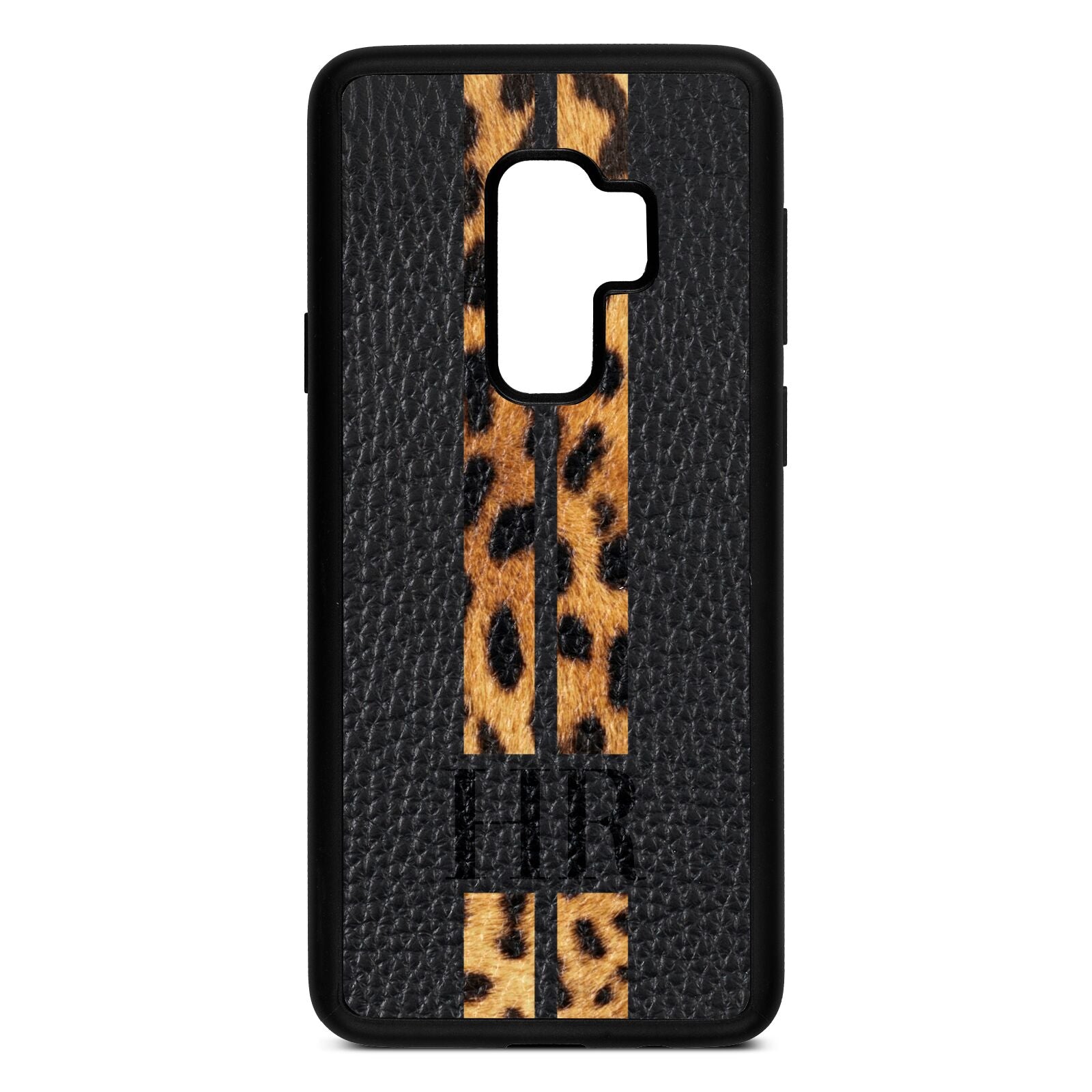 Initialled Leopard Print Stripes Black Pebble Leather Samsung S9 Plus Case