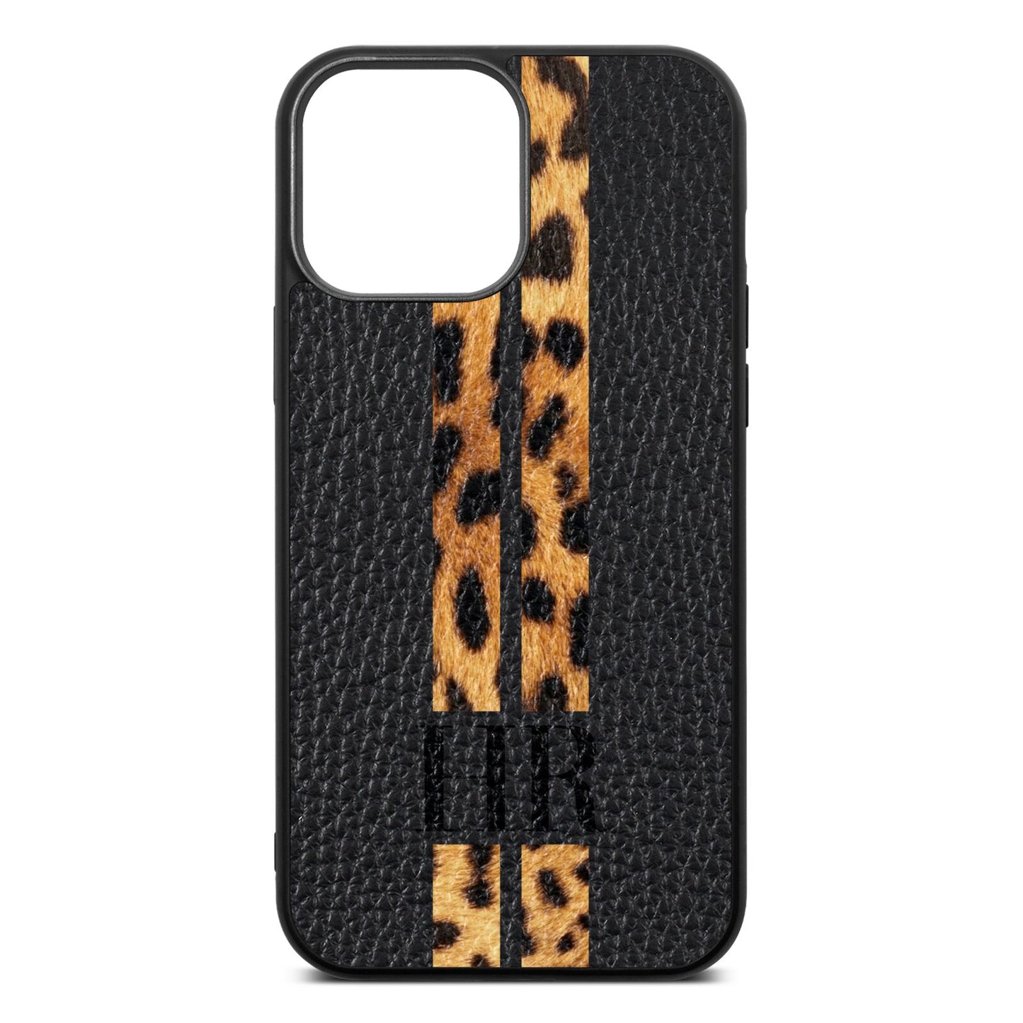 Initialled Leopard Print Stripes Black Pebble Leather iPhone 13 Pro Max Case