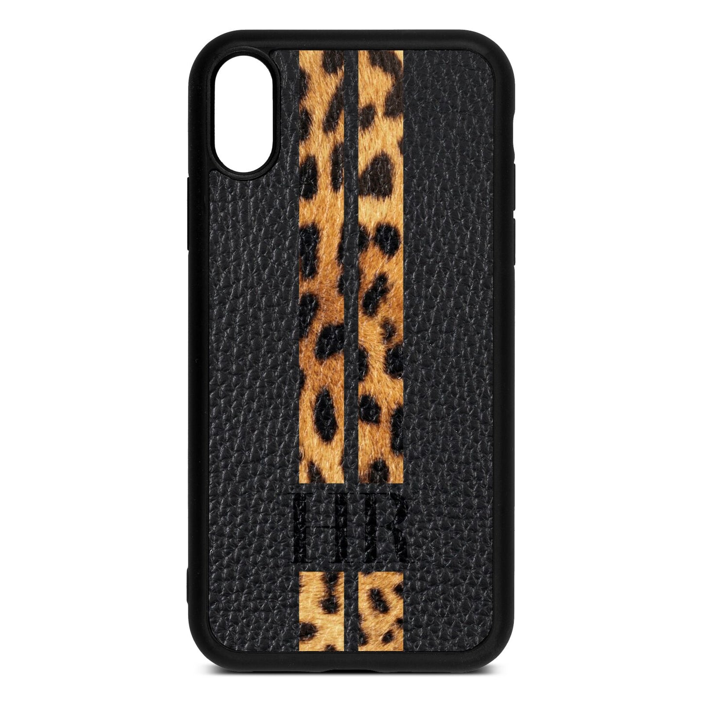 Initialled Leopard Print Stripes Black Pebble Leather iPhone Xr Case