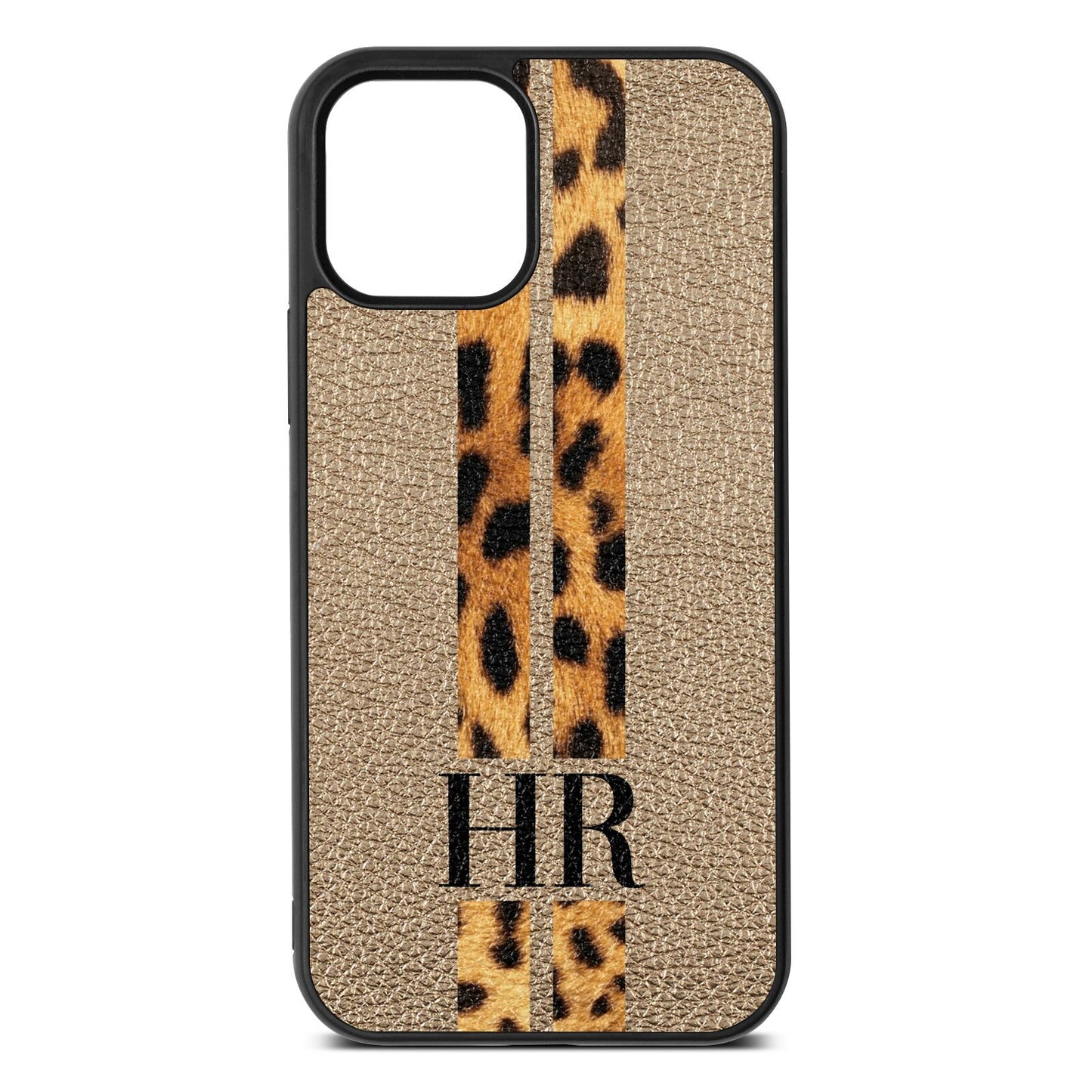 Initialled Leopard Print Stripes Gold Pebble Leather iPhone 12 Case