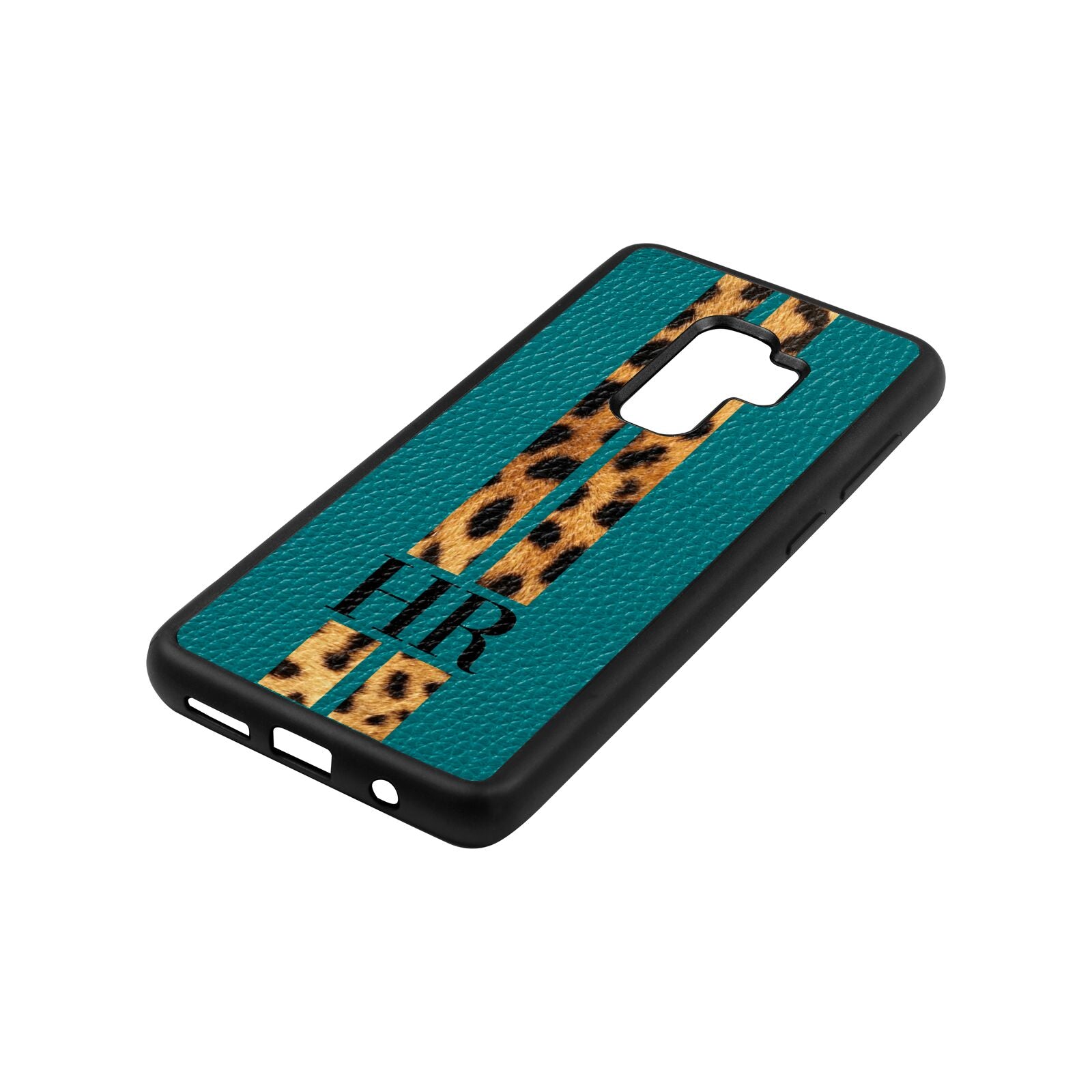 Initialled Leopard Print Stripes Green Pebble Leather Samsung S9 Plus Case Side Angle