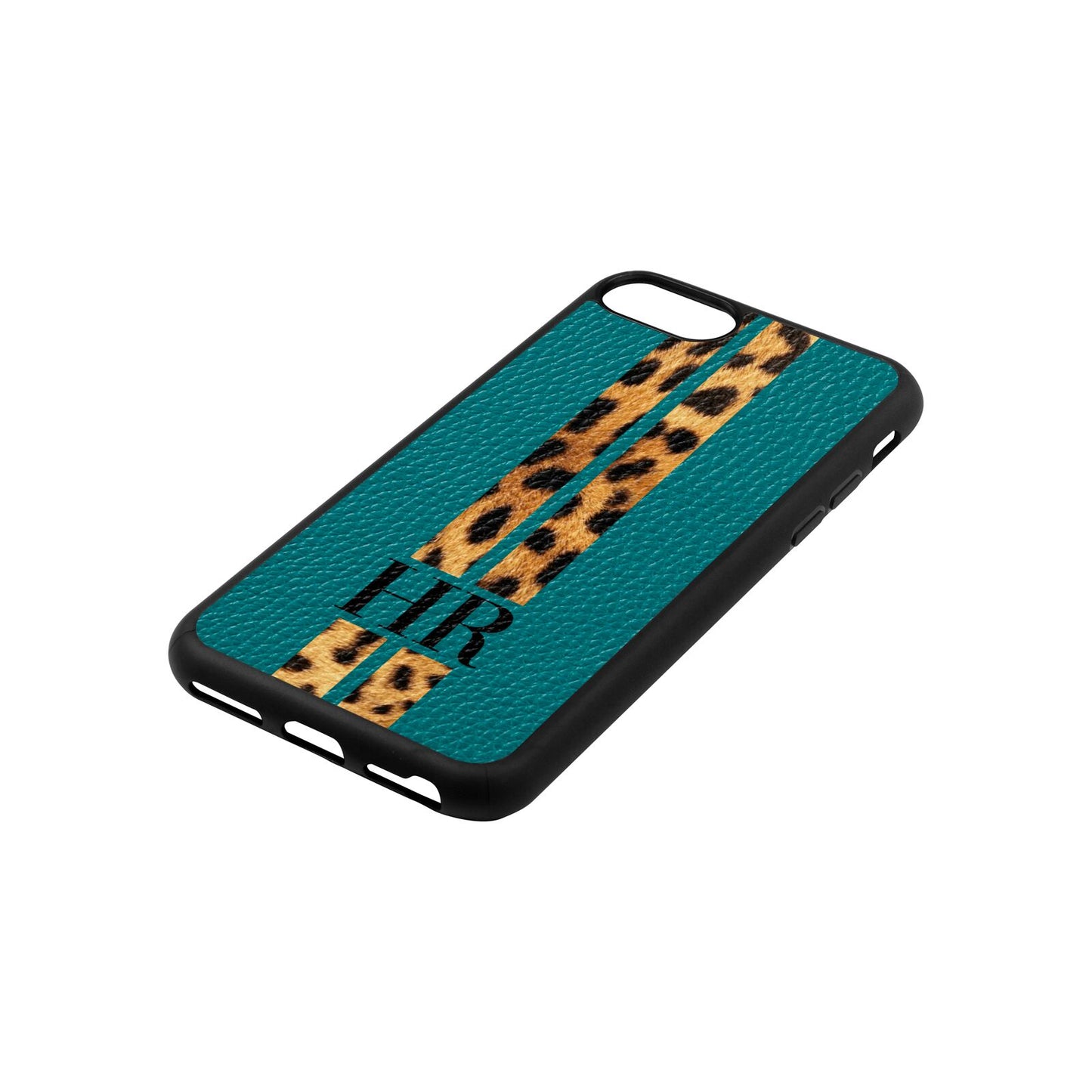 Initialled Leopard Print Stripes Green Pebble Leather iPhone 8 Case Side Angle