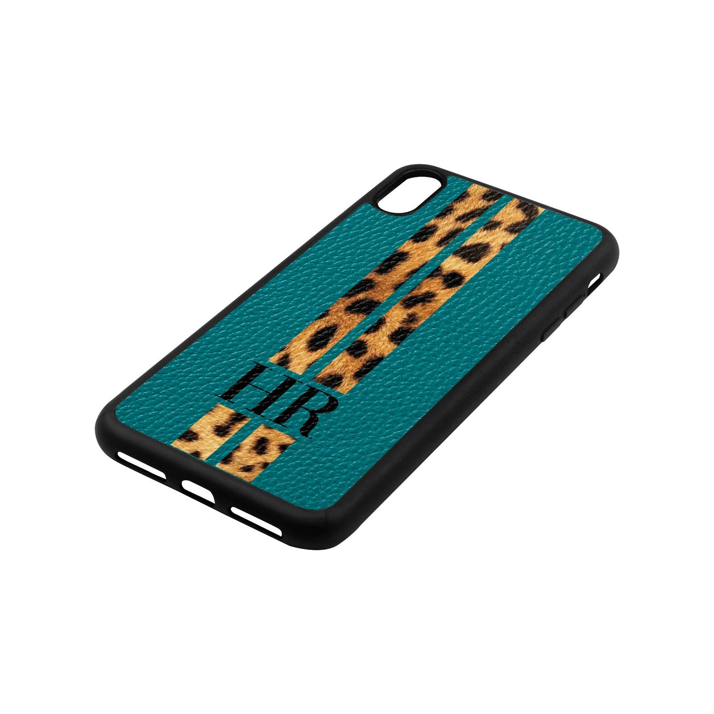 Initialled Leopard Print Stripes Green Pebble Leather iPhone Xs Max Case Side Angle