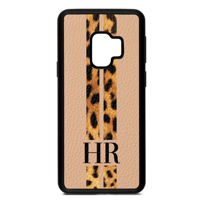 Initialled Leopard Print Stripes Nude Pebble Leather Samsung S9 Case