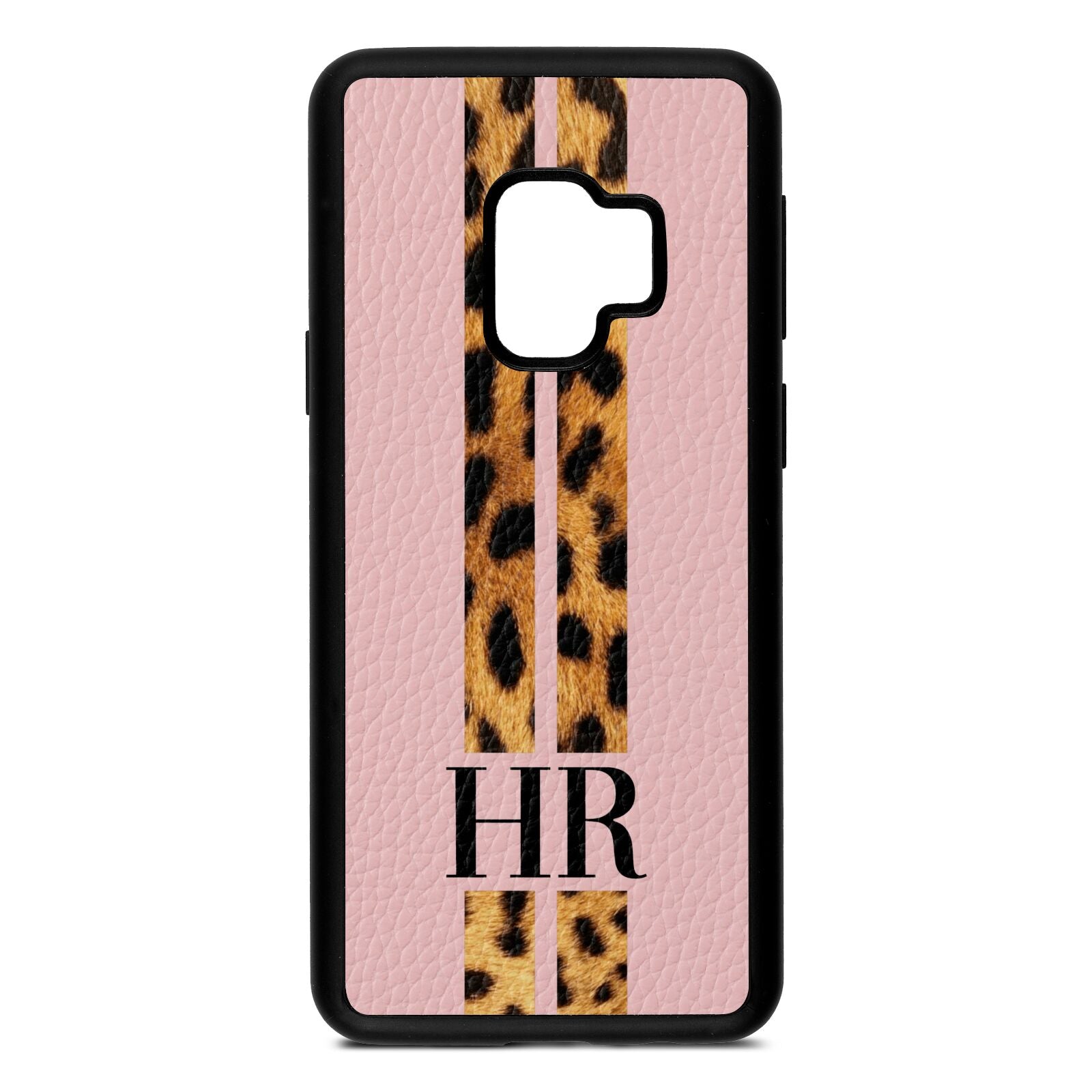 Initialled Leopard Print Stripes Pink Pebble Leather Samsung S9 Case