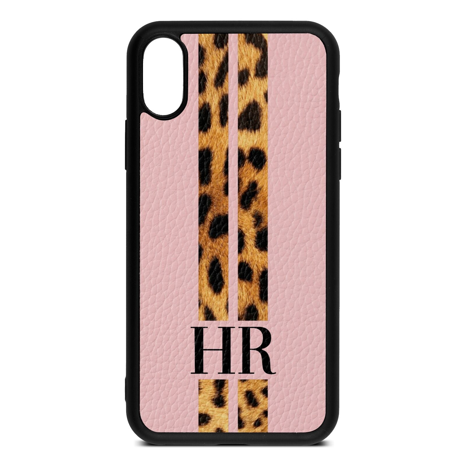 Initialled Leopard Print Stripes Pink Pebble Leather iPhone Xs Case