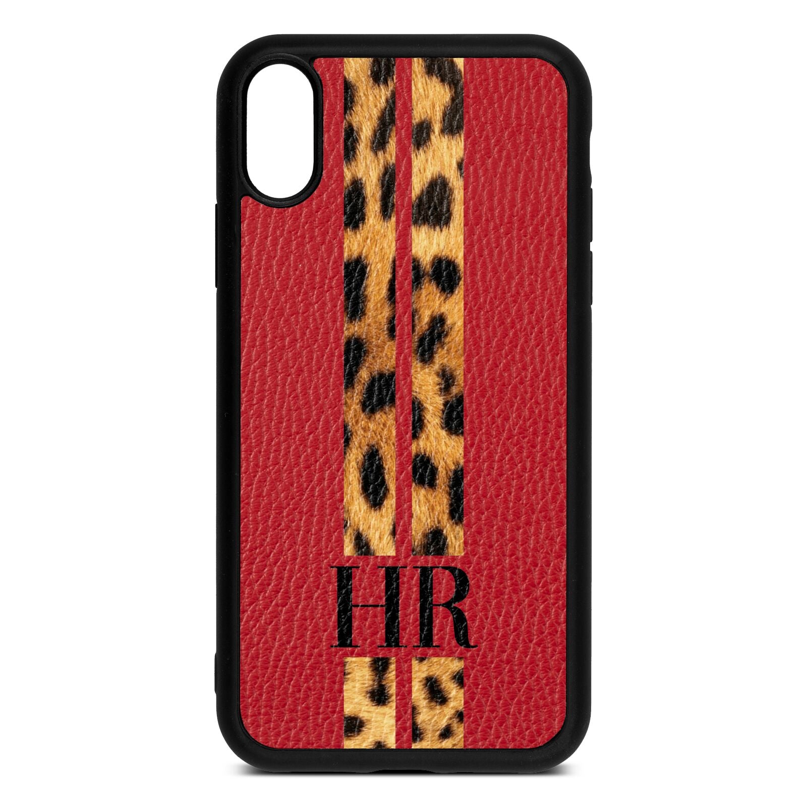 Initialled Leopard Print Stripes Red Pebble Leather iPhone Xr Case