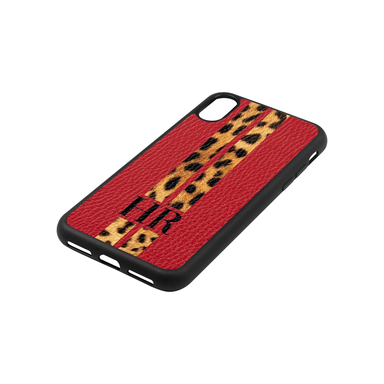 Initialled Leopard Print Stripes Red Pebble Leather iPhone Xs Case Side Angle