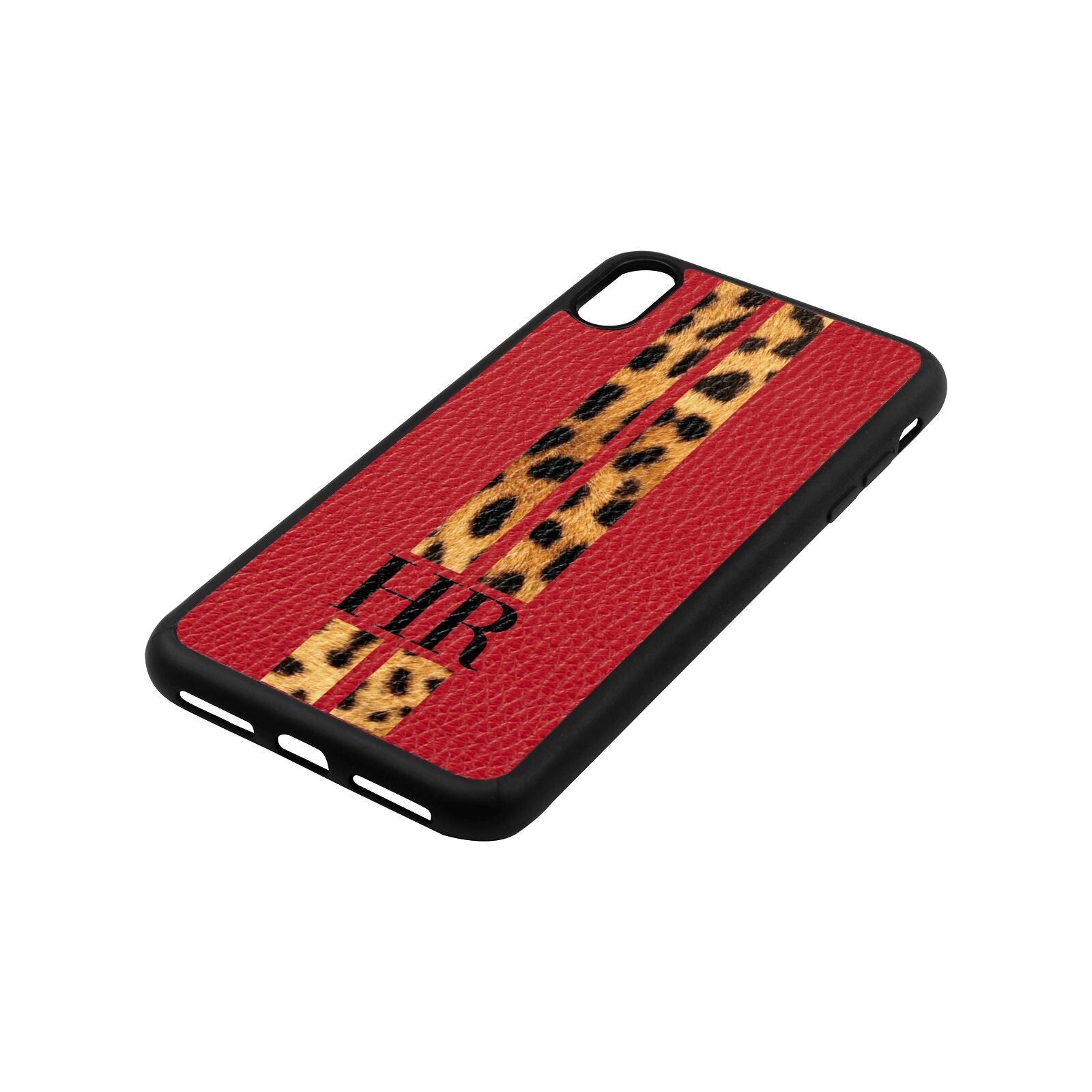 Initialled Leopard Print Stripes Red Pebble Leather iPhone Xs Max Case Side Angle