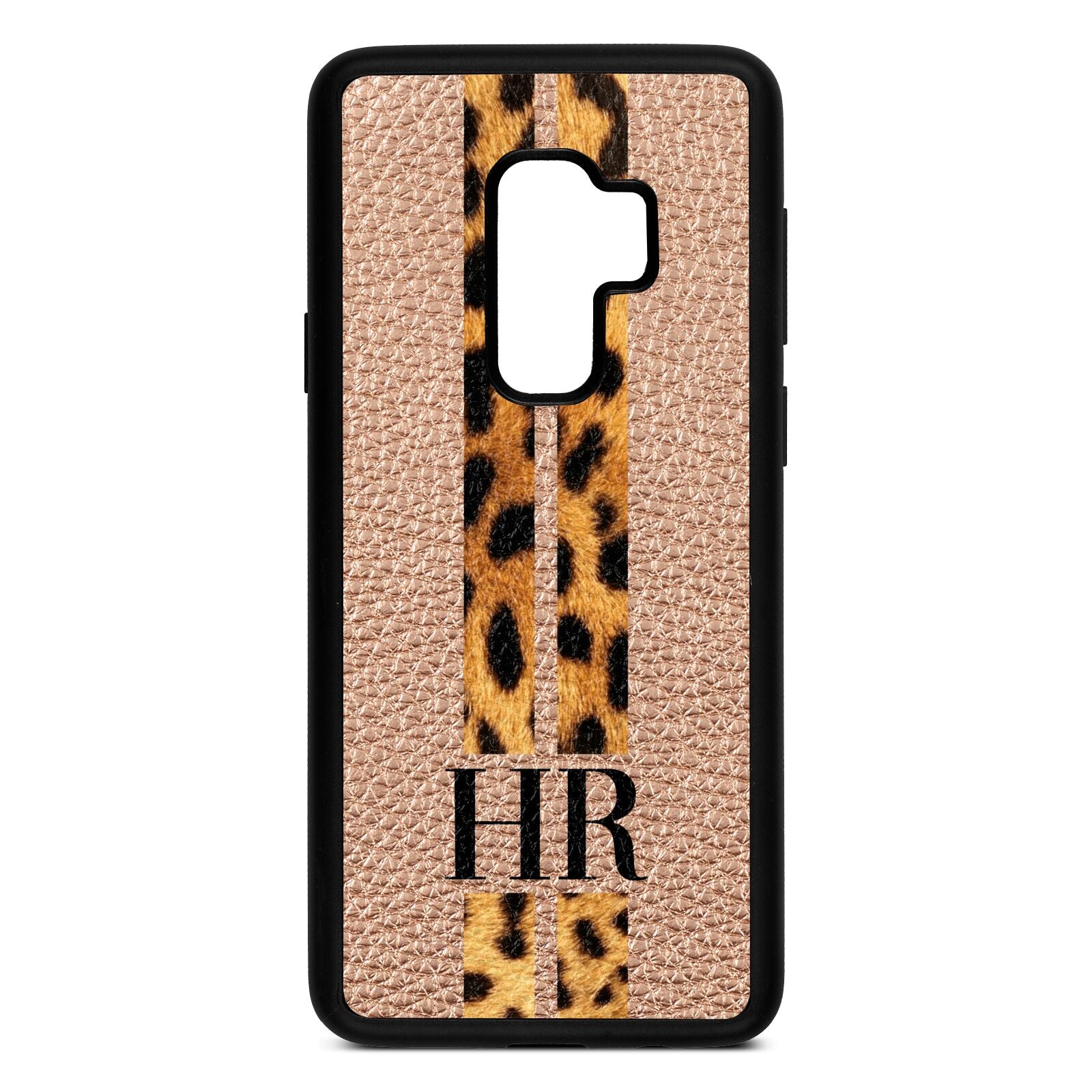 Initialled Leopard Print Stripes Rose Gold Pebble Leather Samsung S9 Plus Case