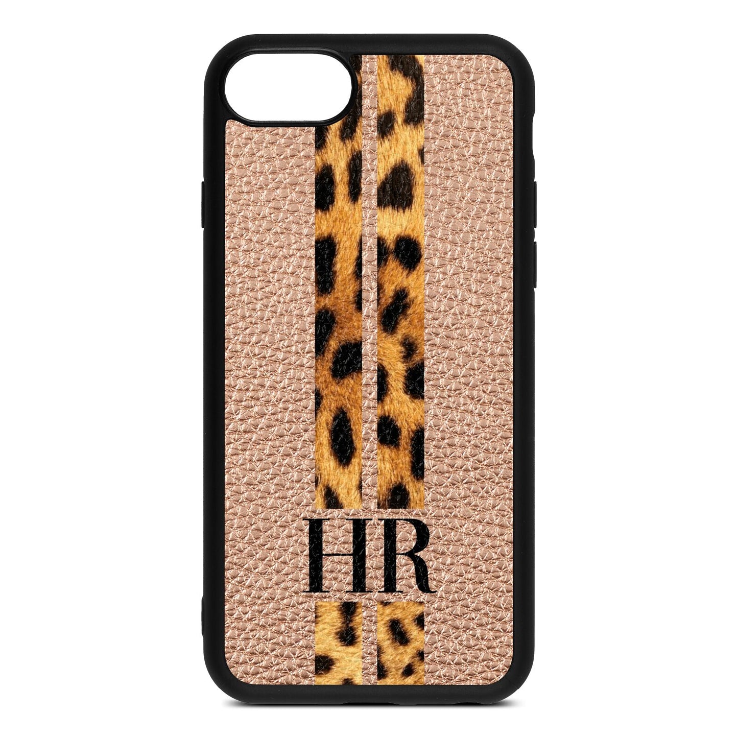 Initialled Leopard Print Stripes Rose Gold Pebble Leather iPhone 8 Case