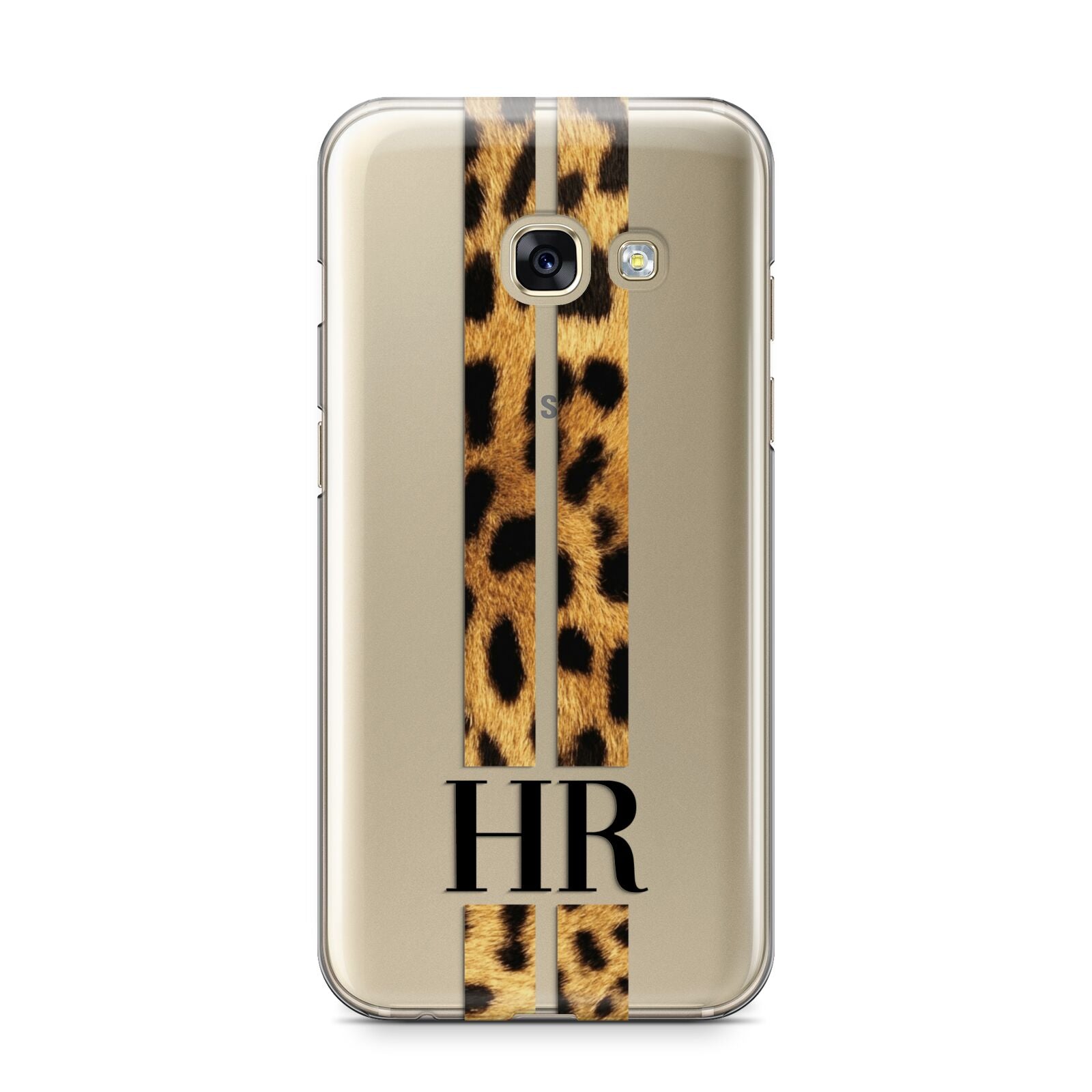 Initialled Leopard Print Stripes Samsung Galaxy A3 2017 Case on gold phone