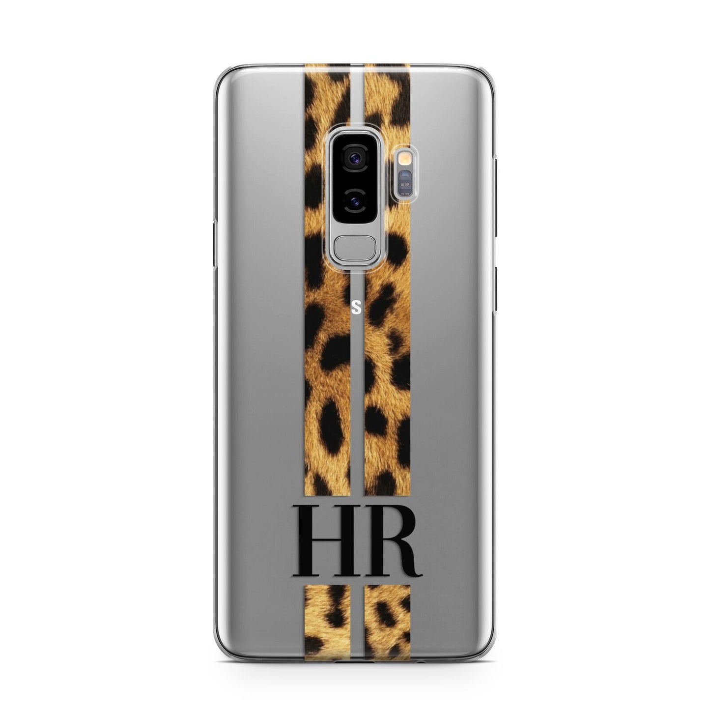 Initialled Leopard Print Stripes Samsung Galaxy S9 Plus Case on Silver phone