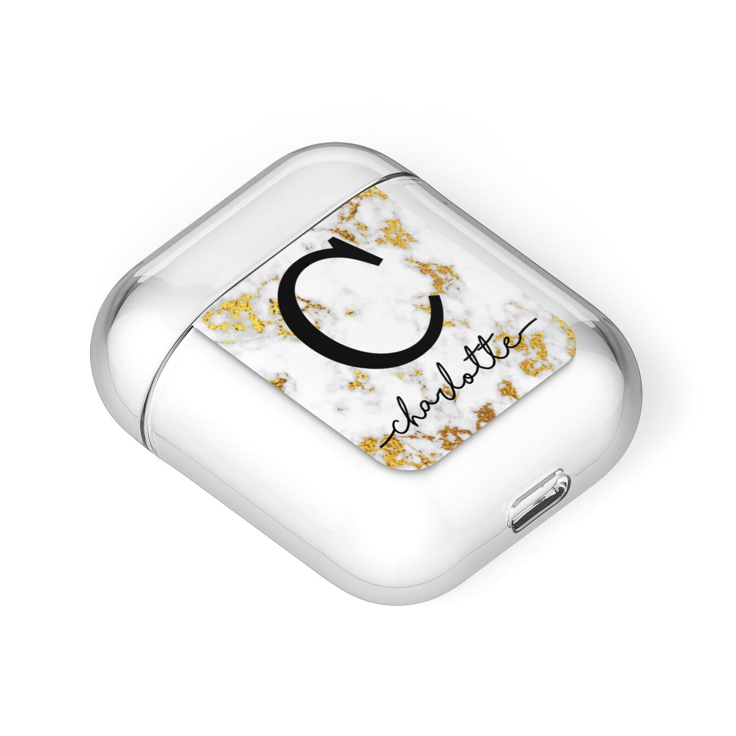 Initialled White Gold Marble with Name AirPods Case Laid Flat