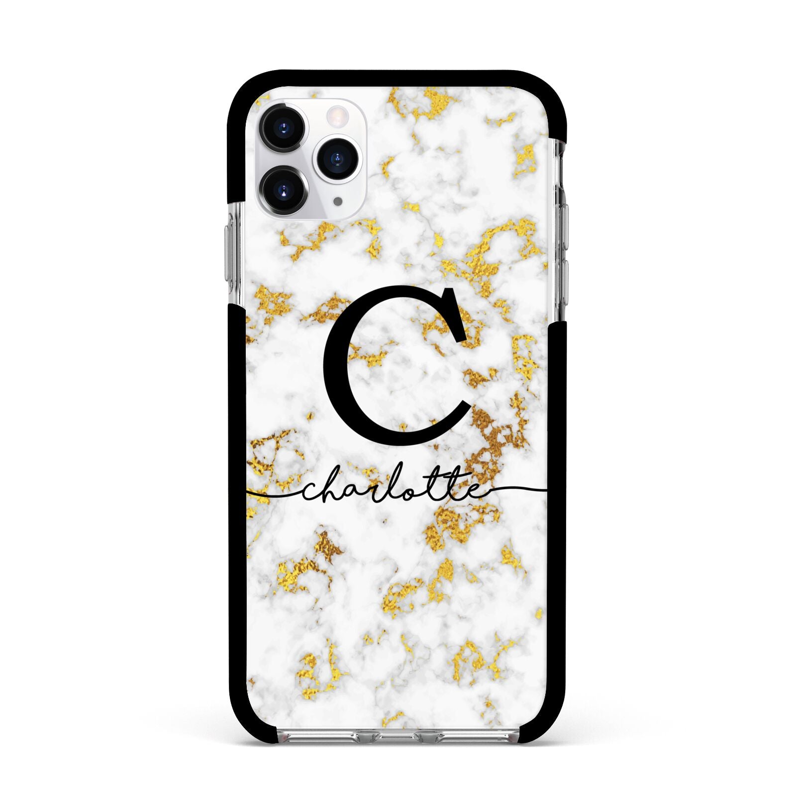 Initialled White Gold Marble with Name Apple iPhone 11 Pro Max in Silver with Black Impact Case