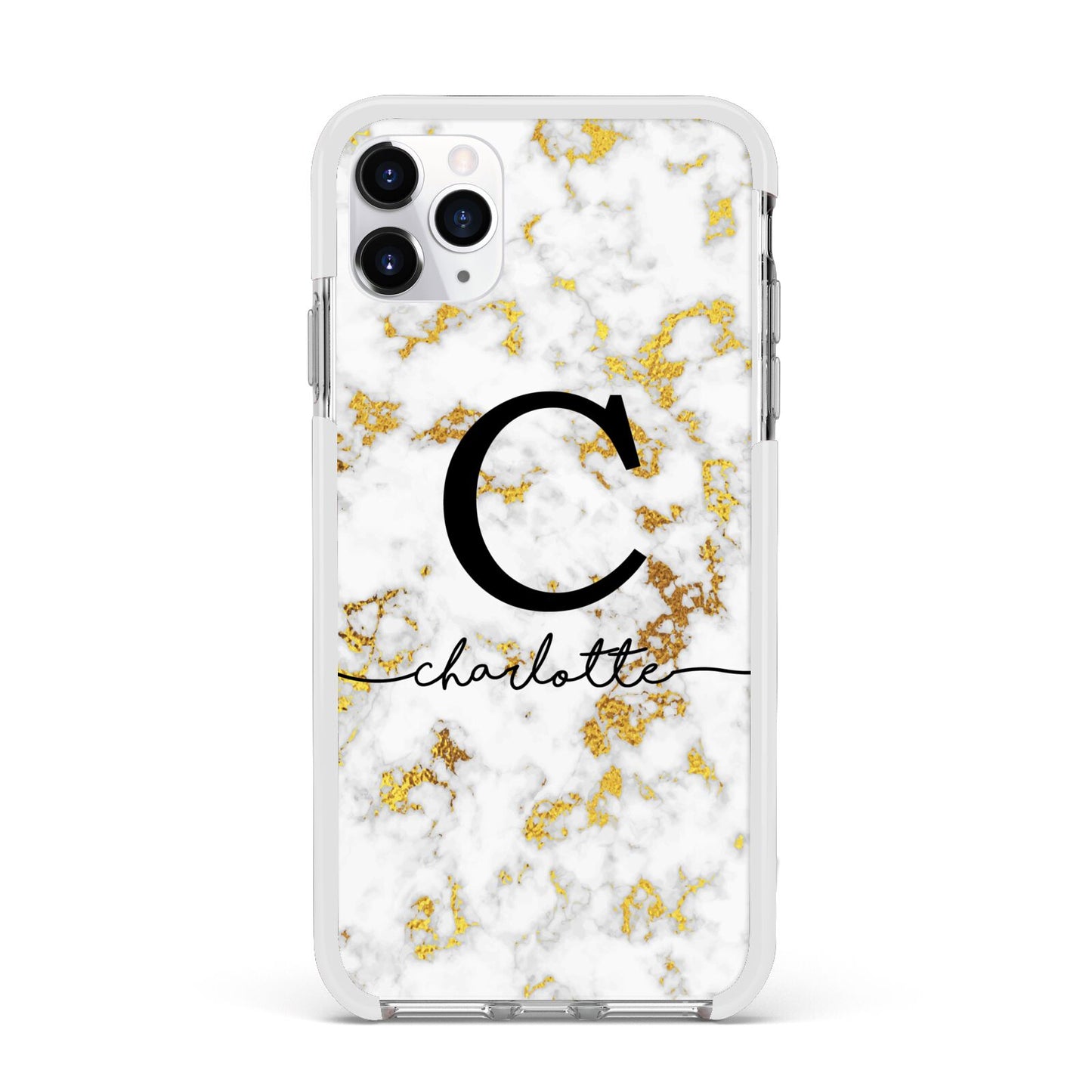 Initialled White Gold Marble with Name Apple iPhone 11 Pro Max in Silver with White Impact Case