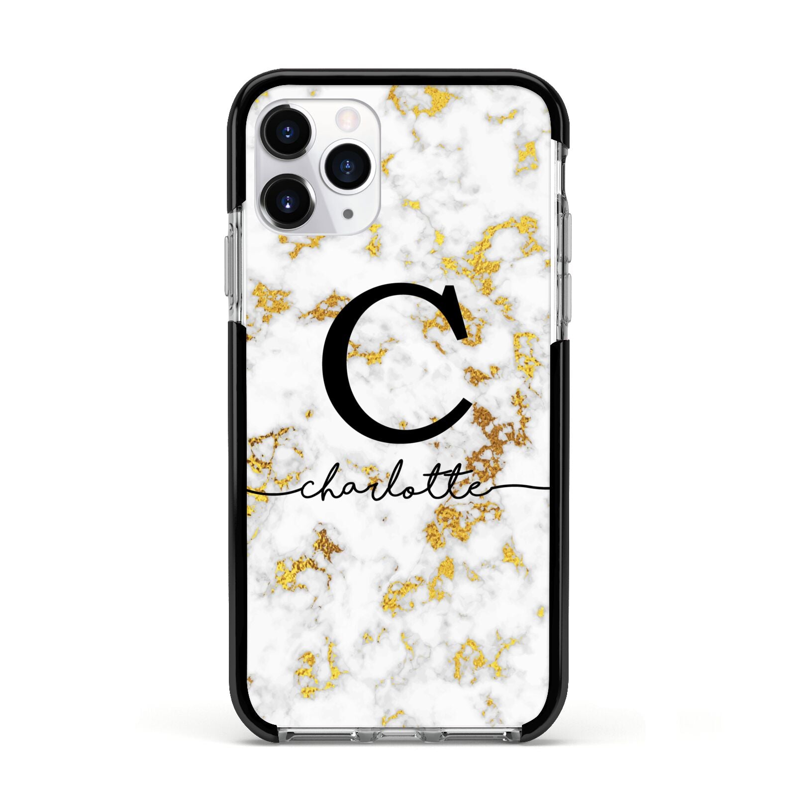Initialled White Gold Marble with Name Apple iPhone 11 Pro in Silver with Black Impact Case
