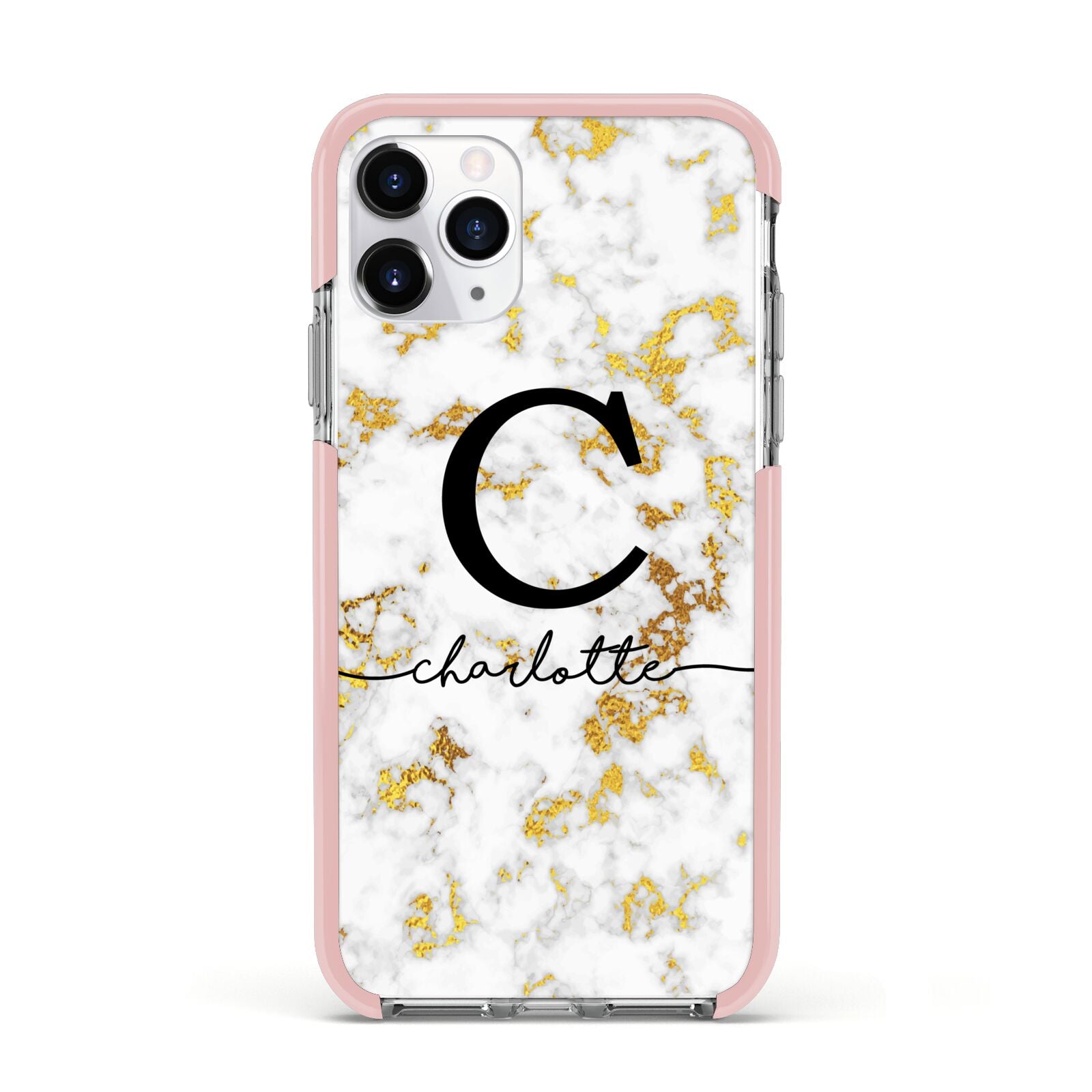 Initialled White Gold Marble with Name Apple iPhone 11 Pro in Silver with Pink Impact Case