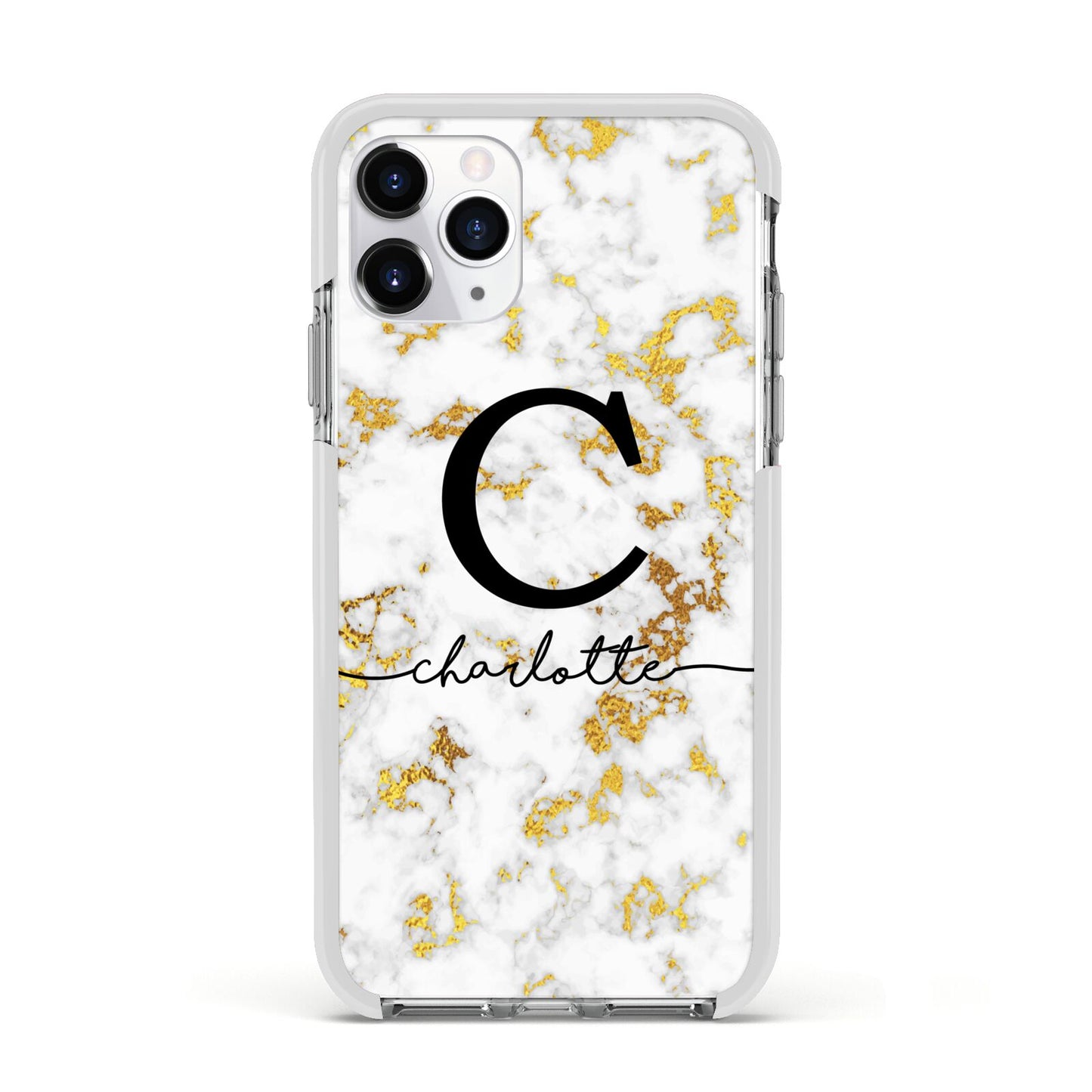 Initialled White Gold Marble with Name Apple iPhone 11 Pro in Silver with White Impact Case