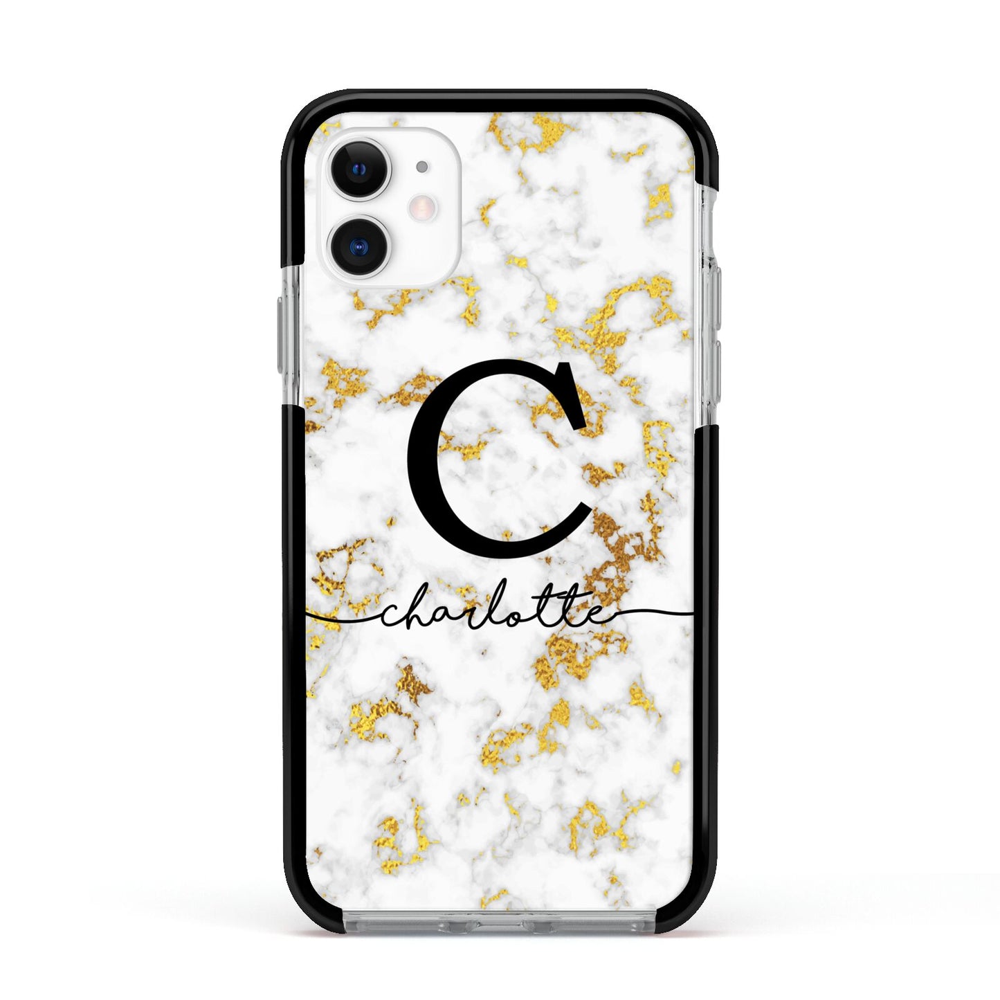 Initialled White Gold Marble with Name Apple iPhone 11 in White with Black Impact Case