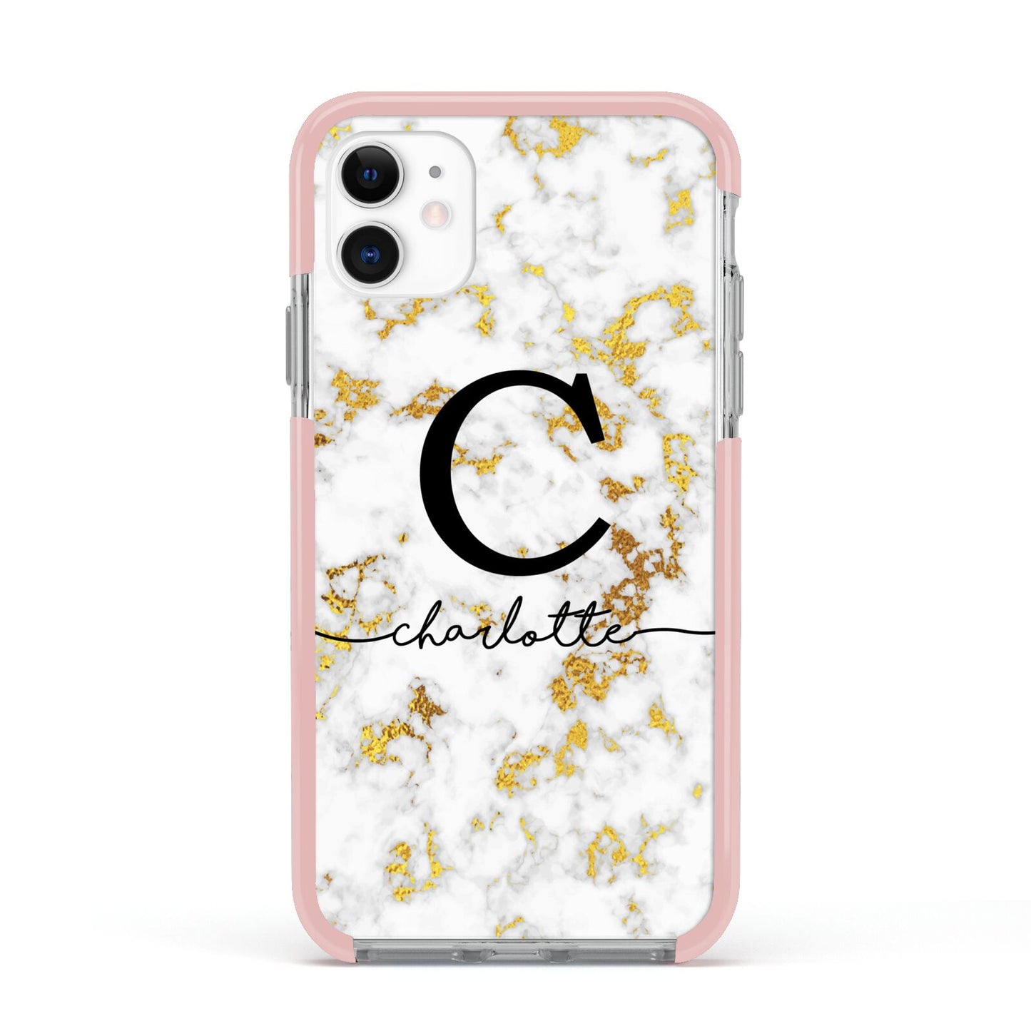 Initialled White Gold Marble with Name Apple iPhone 11 in White with Pink Impact Case