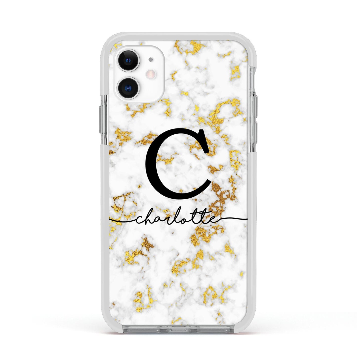 Initialled White Gold Marble with Name Apple iPhone 11 in White with White Impact Case