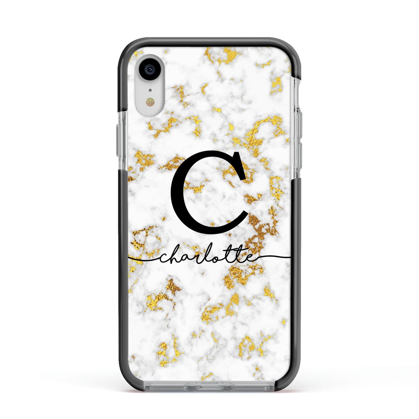 Initialled White Gold Marble with Name Apple iPhone XR Impact Case Black Edge on Silver Phone