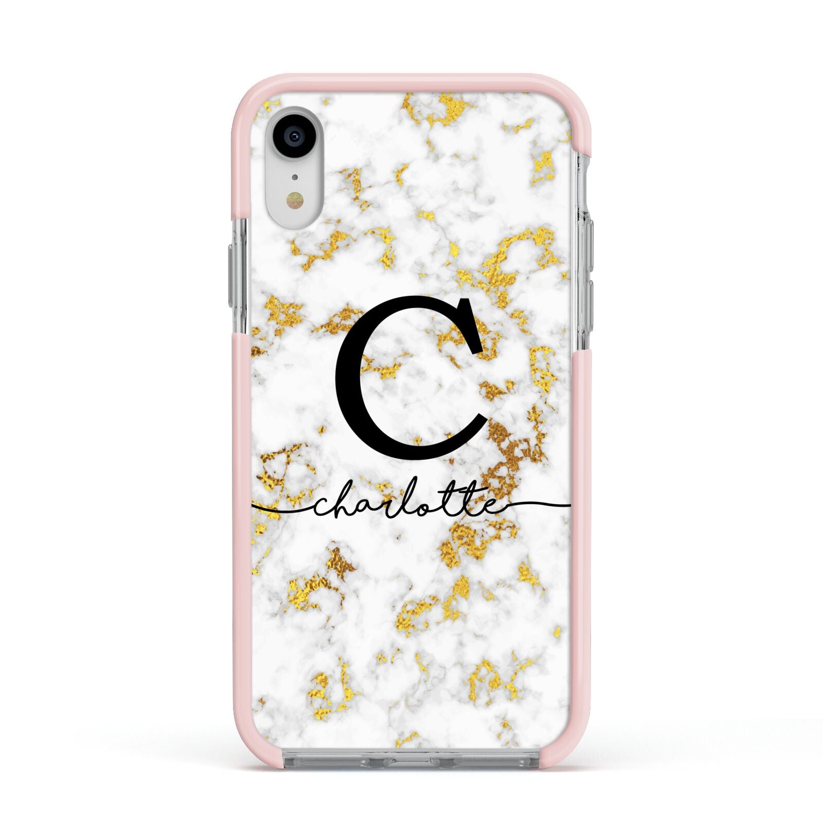 Initialled White Gold Marble with Name Apple iPhone XR Impact Case Pink Edge on Silver Phone