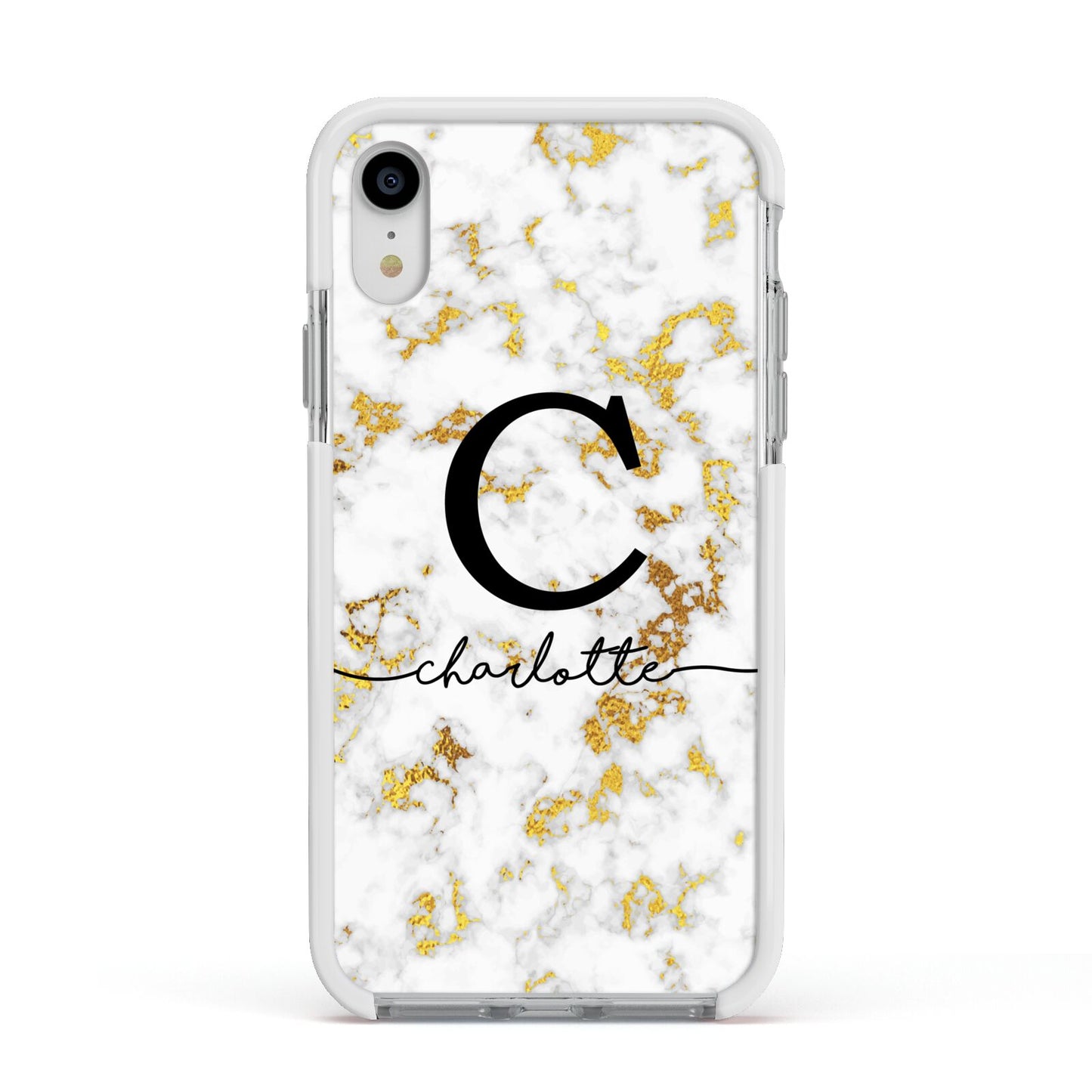 Initialled White Gold Marble with Name Apple iPhone XR Impact Case White Edge on Silver Phone