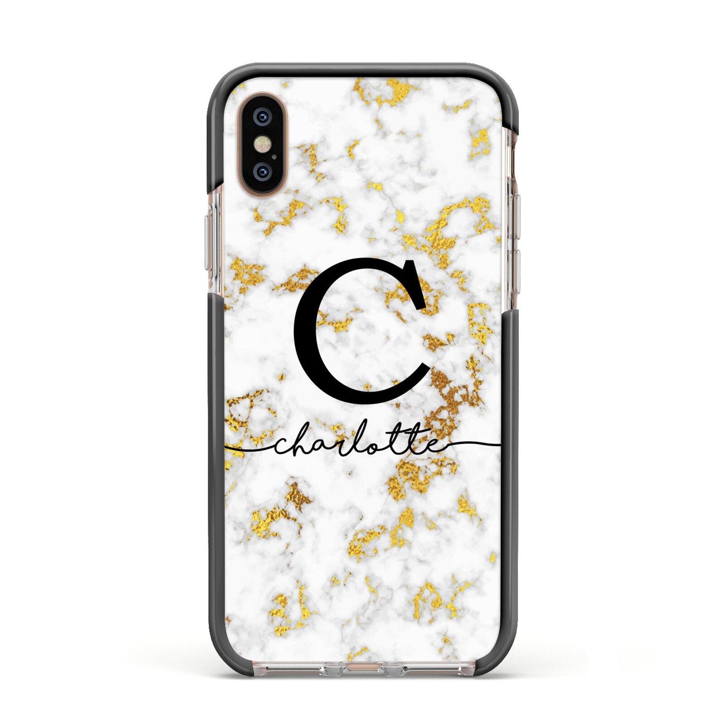 Initialled White Gold Marble with Name Apple iPhone Xs Impact Case Black Edge on Gold Phone