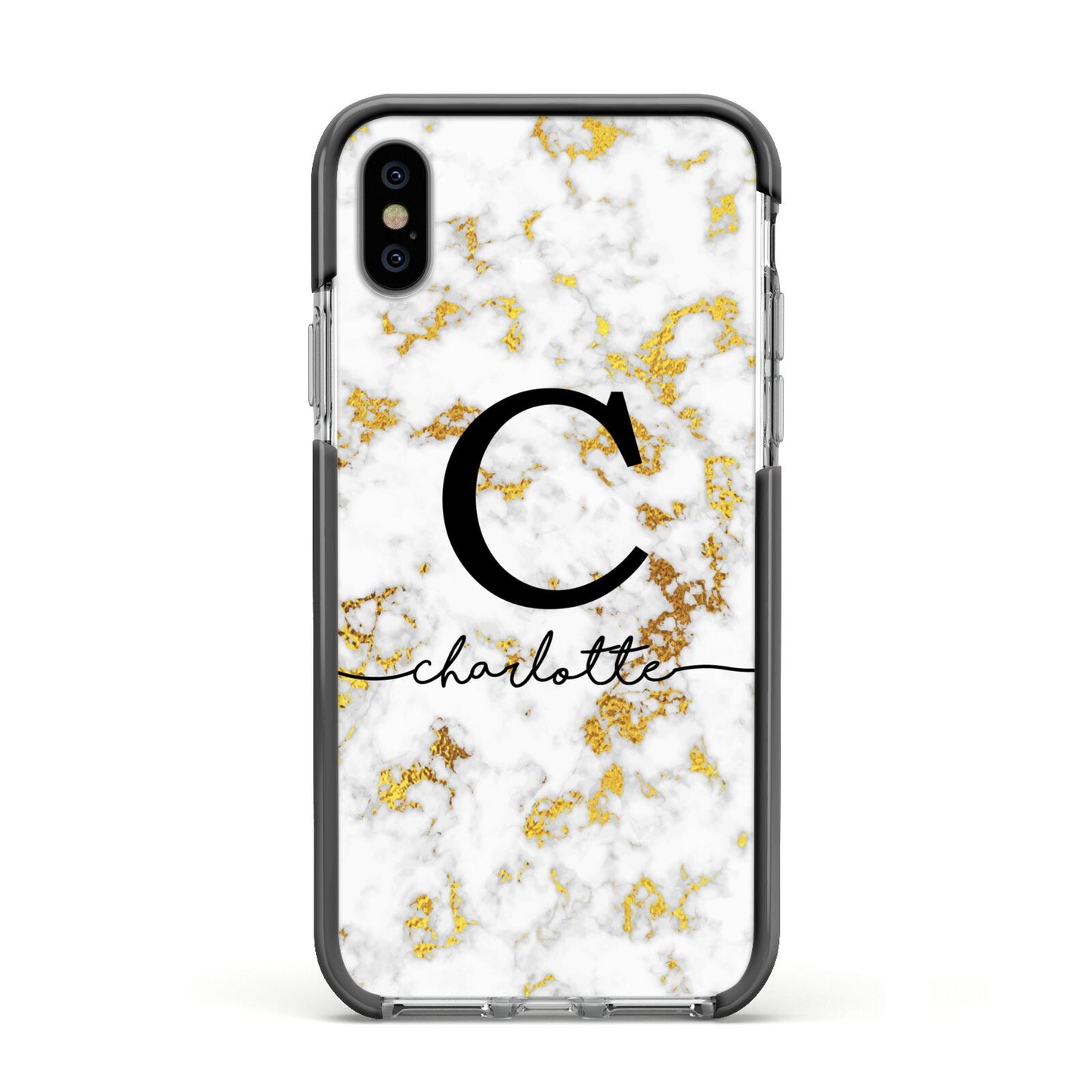 Initialled White Gold Marble with Name Apple iPhone Xs Impact Case Black Edge on Silver Phone