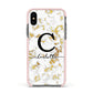 Initialled White Gold Marble with Name Apple iPhone Xs Impact Case Pink Edge on Black Phone