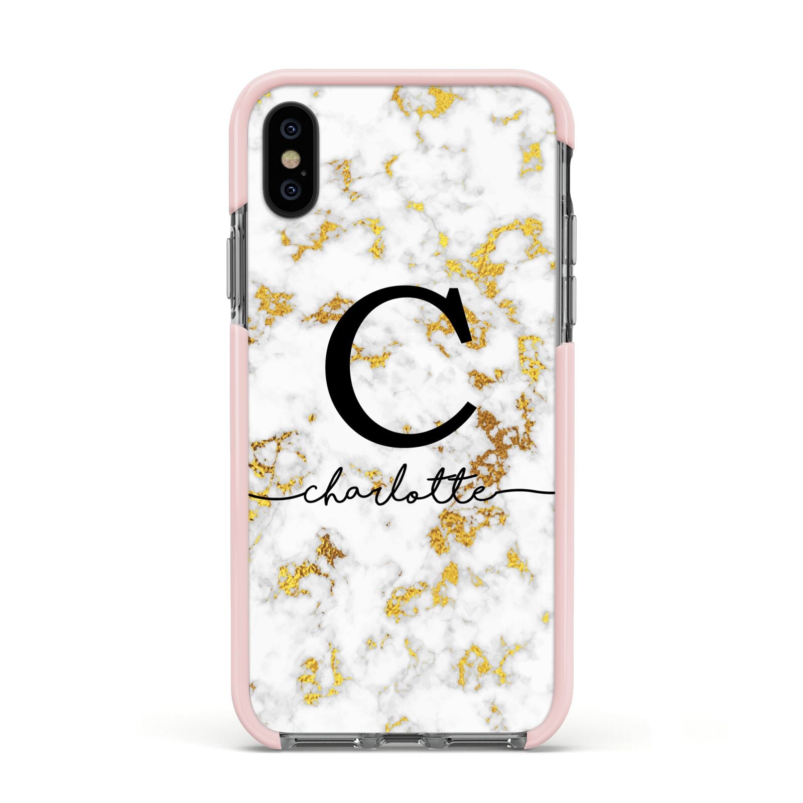 Initialled White Gold Marble with Name Apple iPhone Xs Impact Case Pink Edge on Black Phone