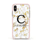 Initialled White Gold Marble with Name Apple iPhone Xs Impact Case Pink Edge on Gold Phone