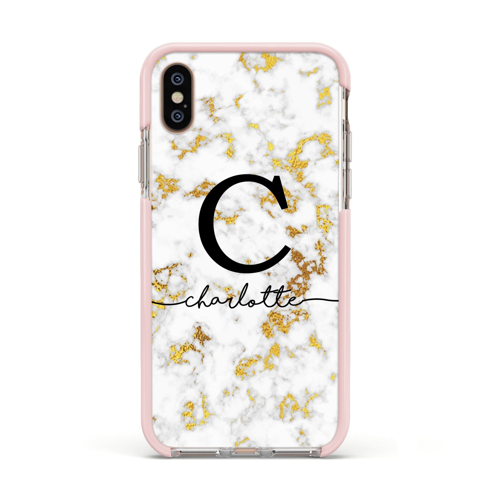 Initialled White Gold Marble with Name Apple iPhone Xs Impact Case Pink Edge on Gold Phone